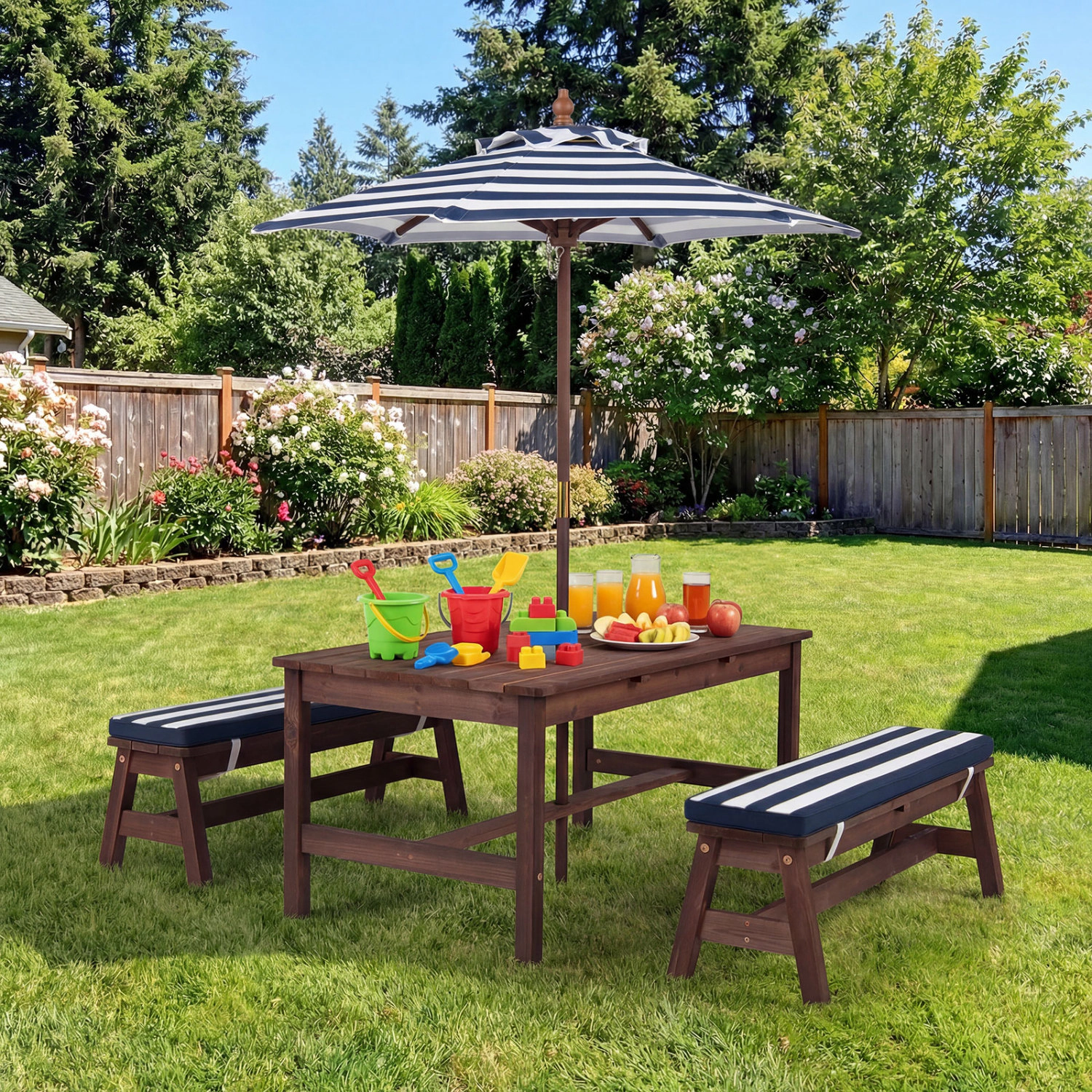 Hivvago Outdoor Wooden Kids Picnic Table With Removable Umbrella And Cushions