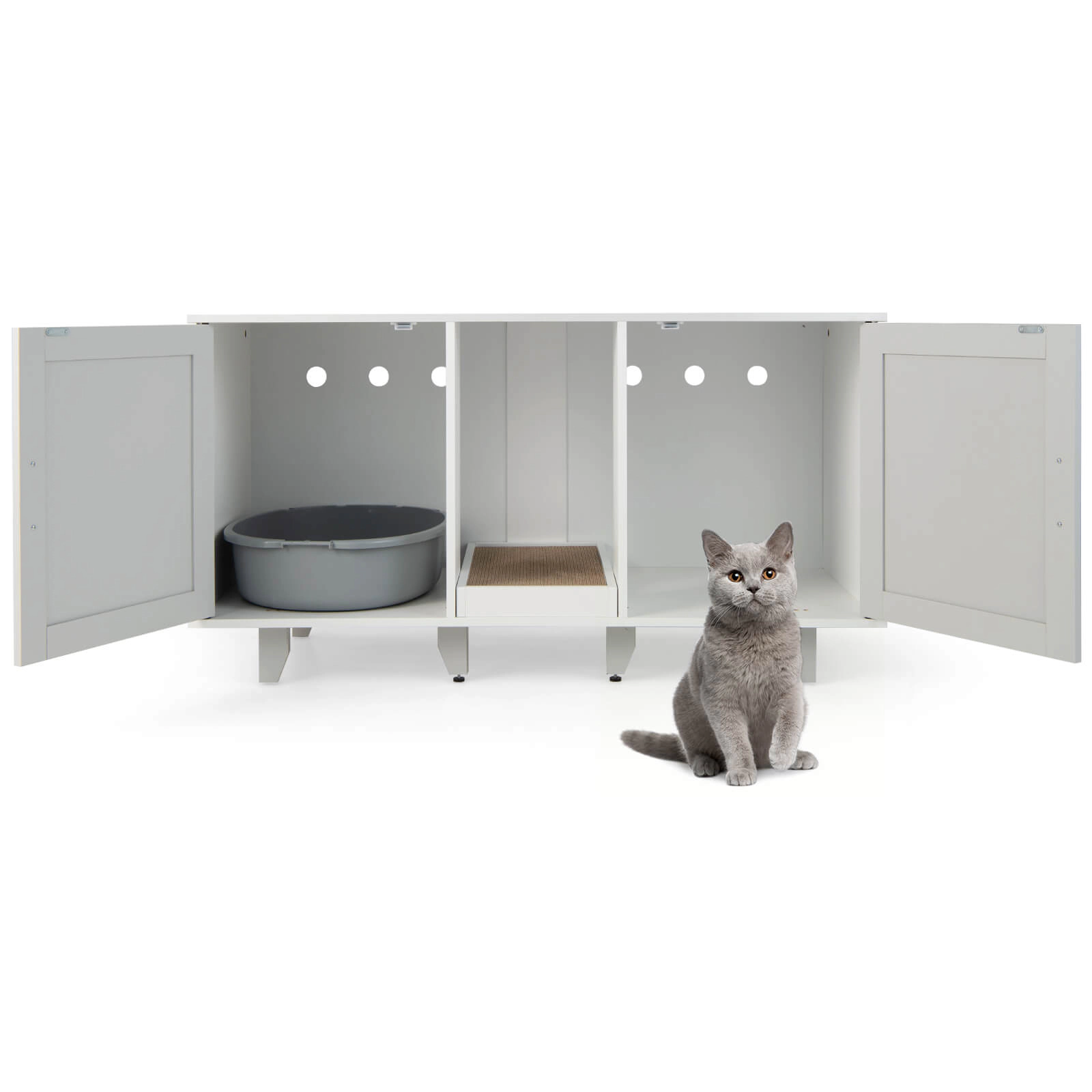 SUGIFT Gray 2-Door Cat Litter Box Enclosure with Scratching Board 47.5-in W 20.5-in D 25.5-in H 88-lb Per Shelf
