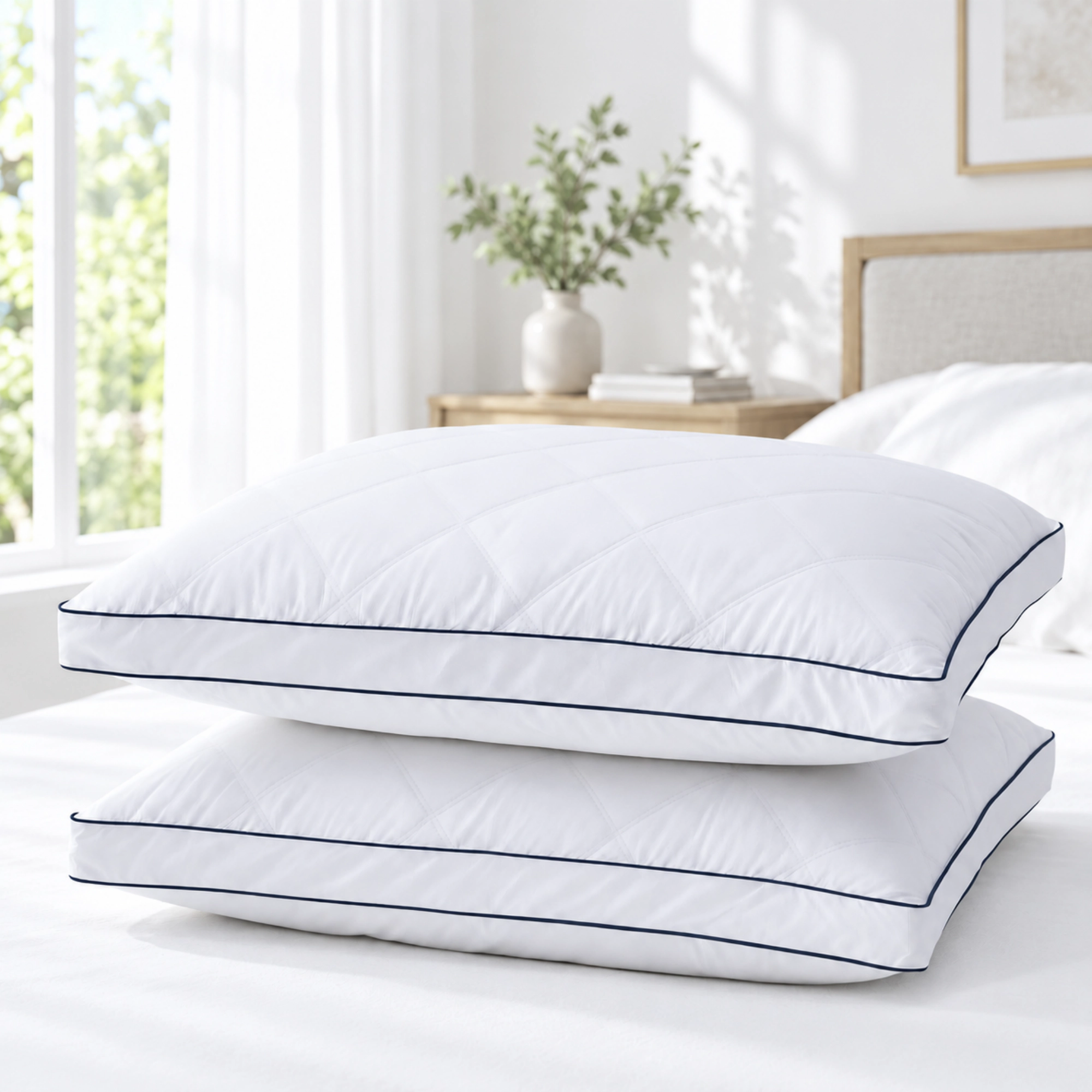 PEACENEST Diamond Quilted Goose Feather Pillow Set Soft Supportive Bed Pillows