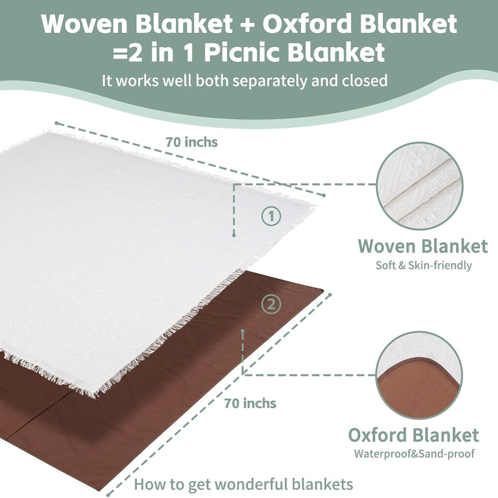 Technopliance Extra Large Waterproof Boho Picnic Blanket 70 x 70 Inch