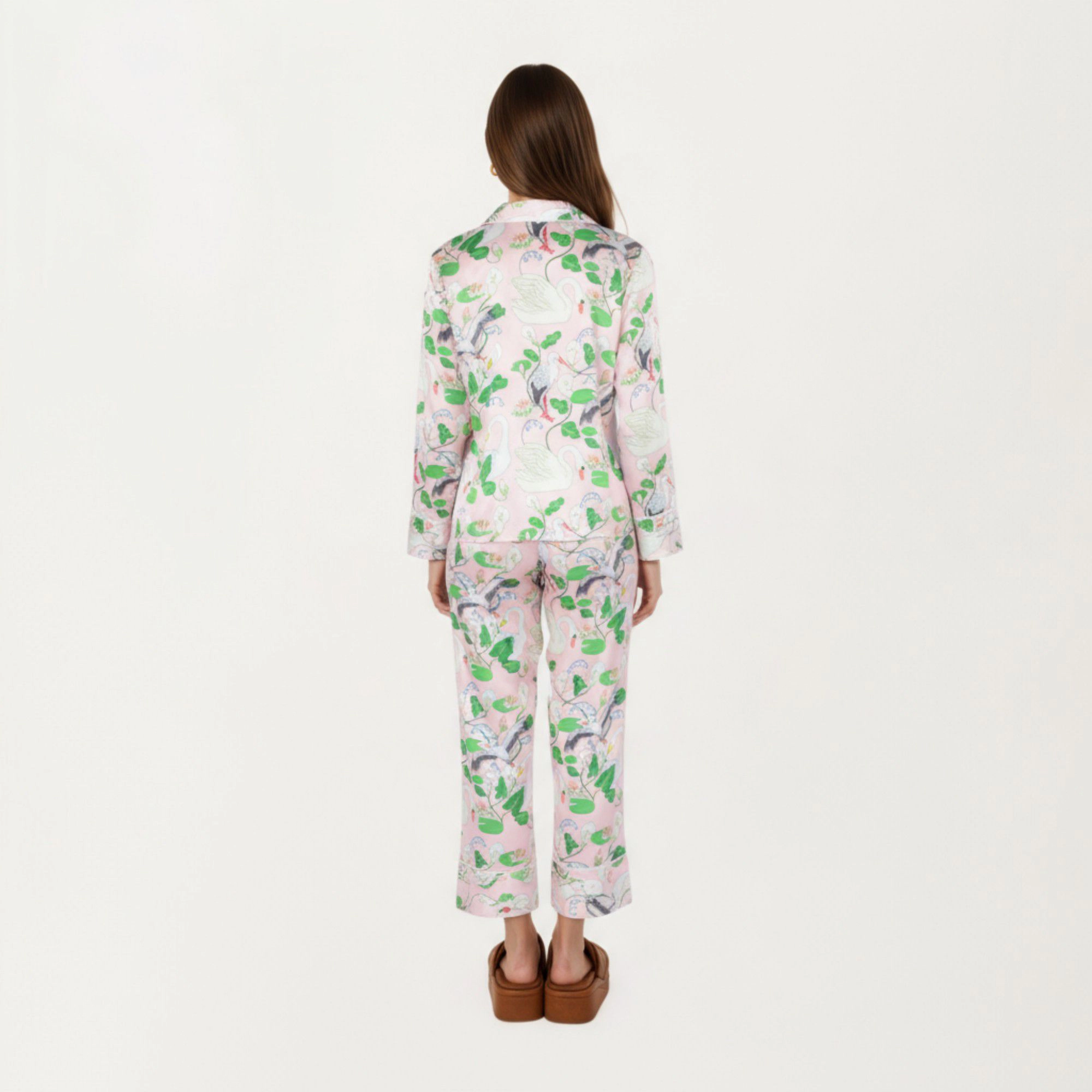 Anna-Kaci Women's 2-Piece Long Sleeve Button Front Pajama Set with Crane Print and Soft Silky Fabric for Relaxed Comfort