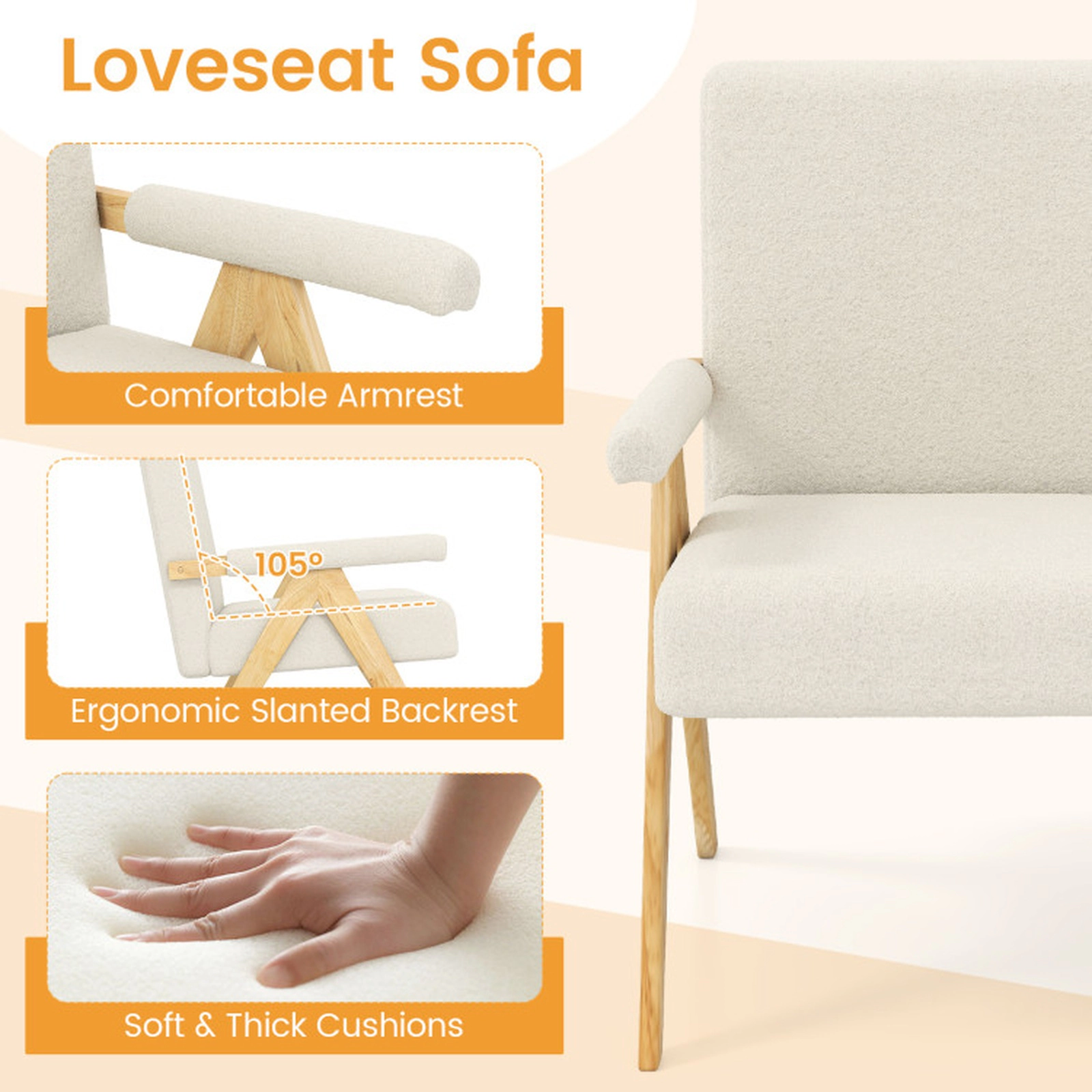 SUGIFT 47-in Sherpa Loveseat Sofa with Armrests and Wooden Legs 463-lb Capacity Gray Beige