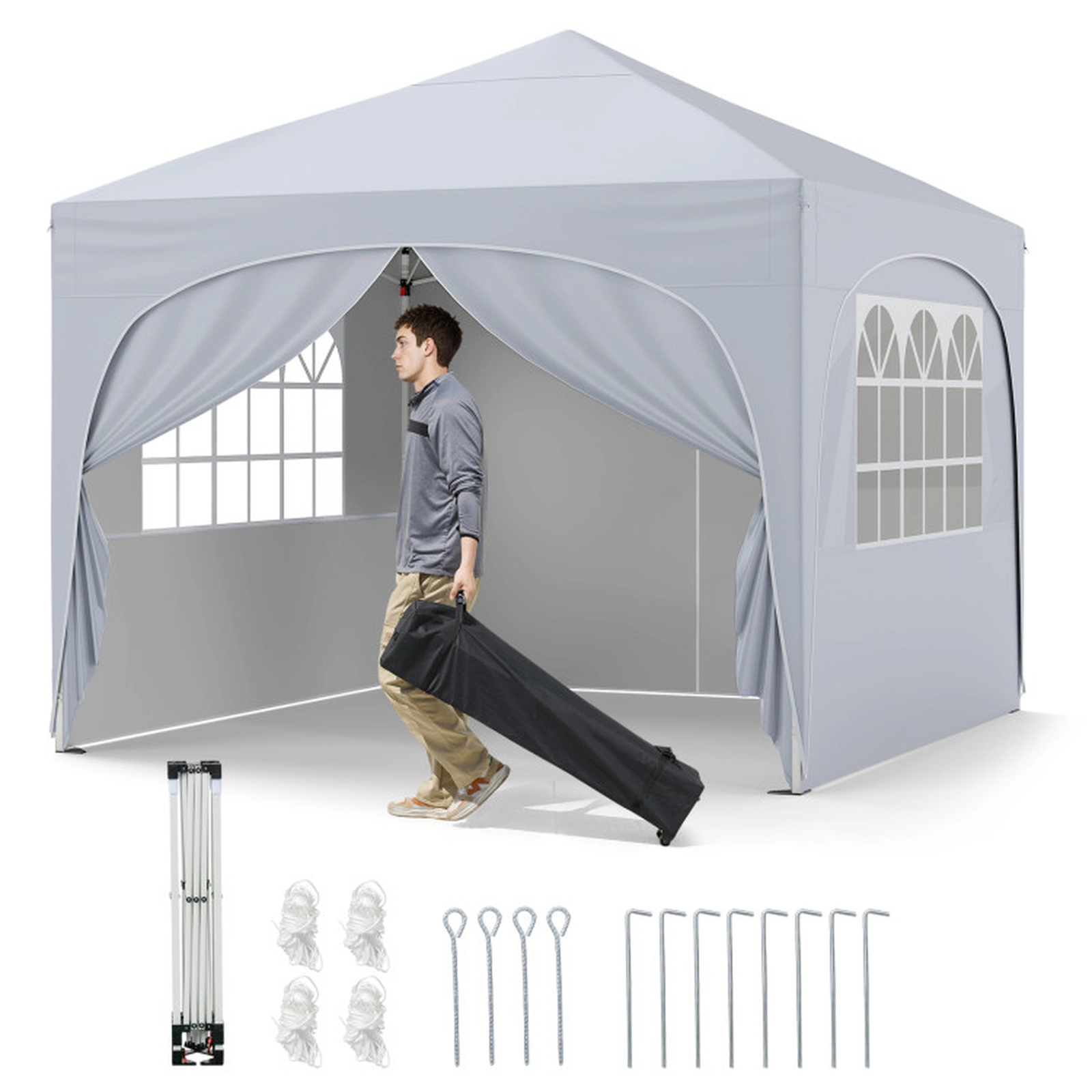 SUGIFT White 10-ft by 10-ft 3-Level UPF50+ Water-Repellent Oxford Pop Up Canopy Tent with 4 Removable Sidewalls