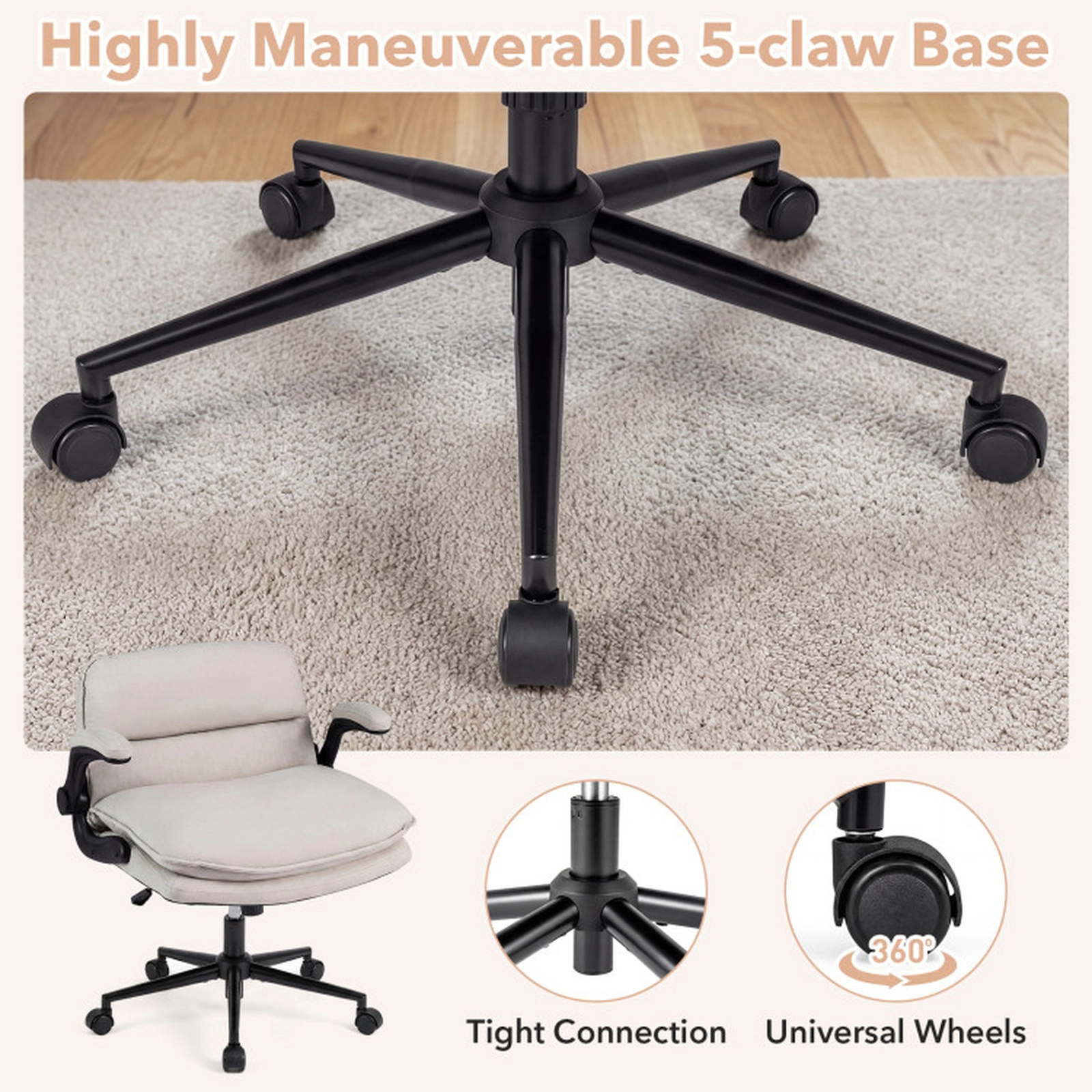 SUGIFT Criss Cross Faux Leather Rolling Office Chair with Flip-up Arms 330-lb Chair Capacity Beige