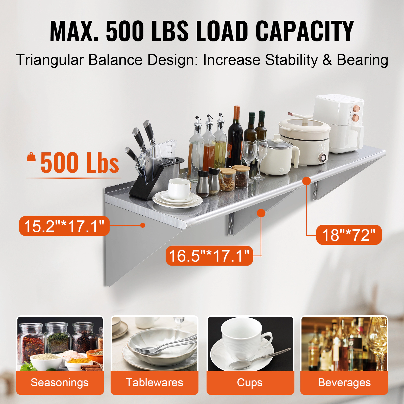 HONGGE Heavy Duty Stainless Steel Wall Mounted Floating Shelving with Brackets for Commercial Storage