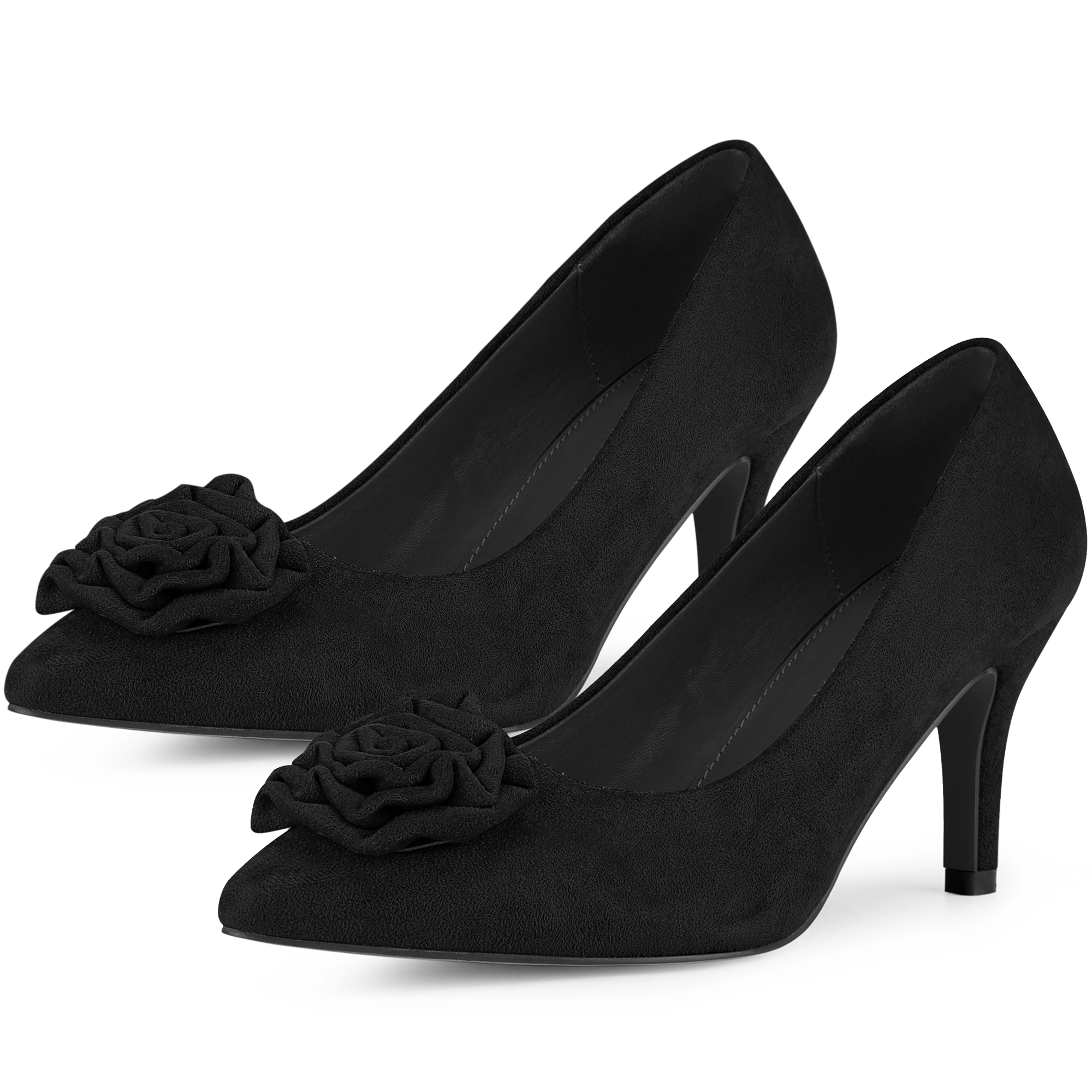 BLISSFUL STEP Women Faux Suede Flower Closed Pointed Toe Stiletto Heels Pumps
