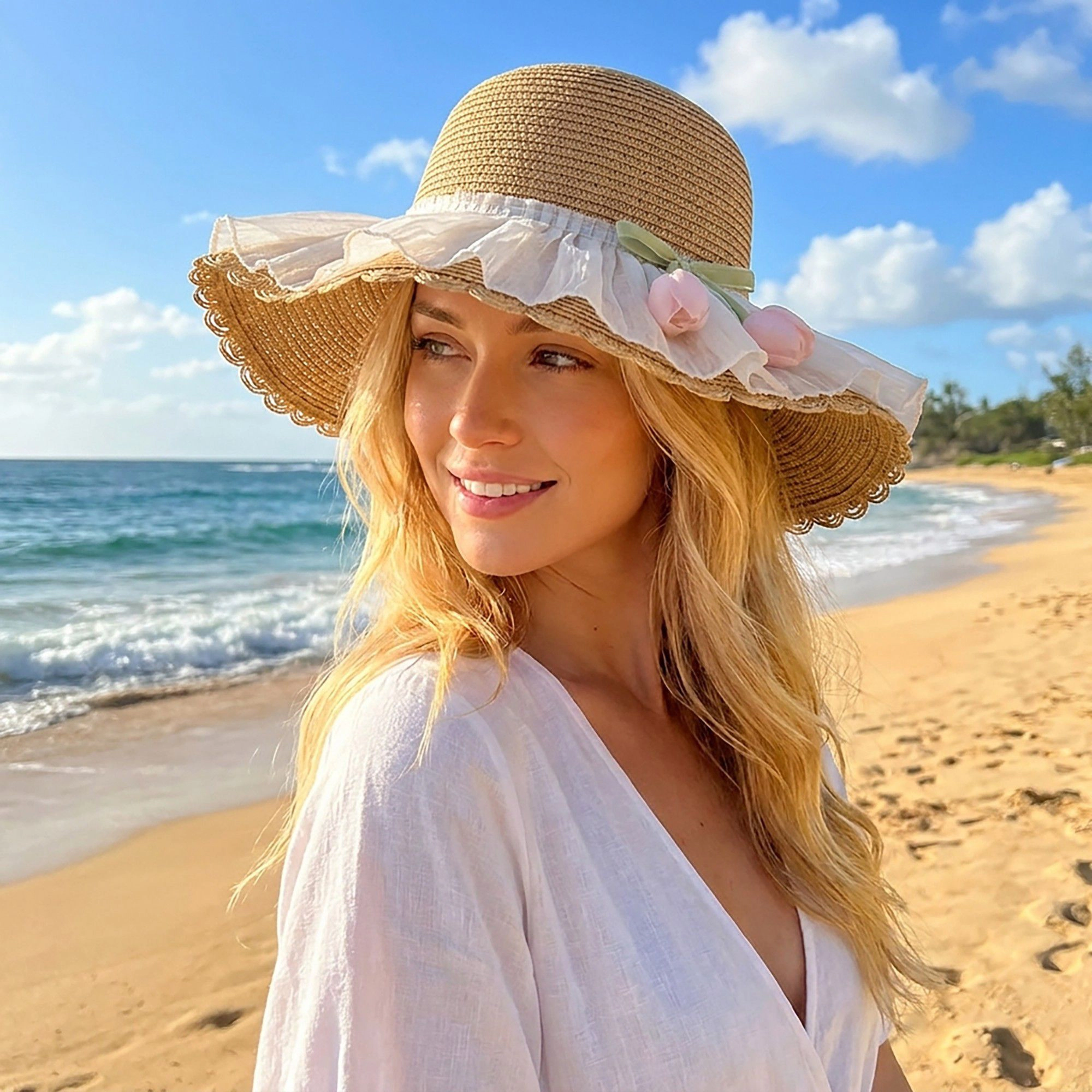 Anna-Kaci Women's Wide Brim Straw Sun Hat with Pleated Sheer Bow Accent and Floral Trim