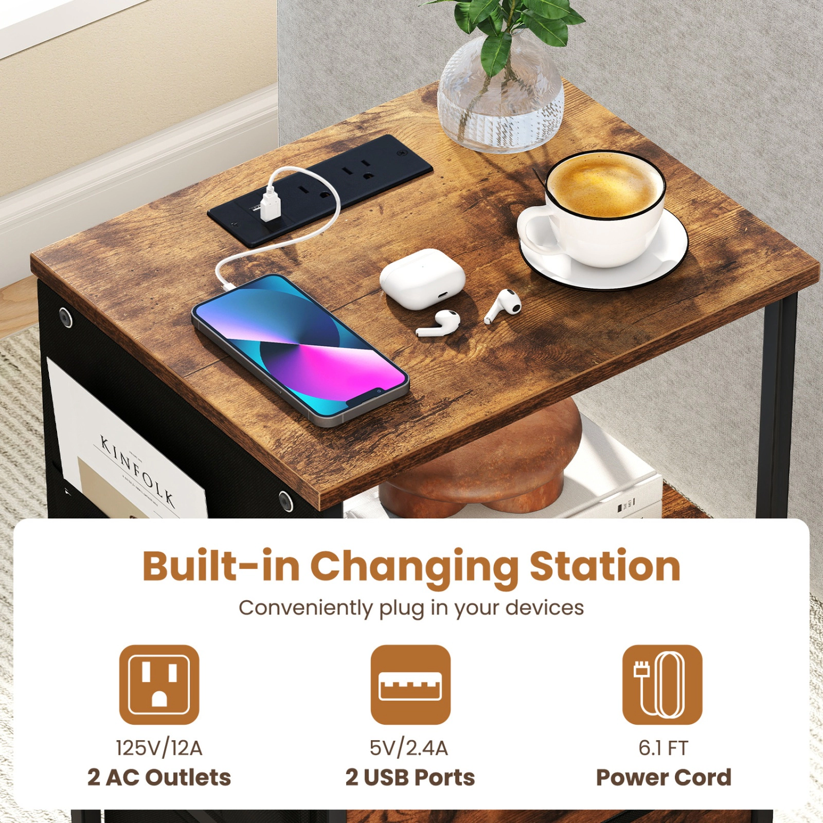 SUGIFT End Table Nightstand with Charging Station 110-lb Tabletop Capacity 45-lb Shelf 11-lb Drawer Rustic Brown + Black