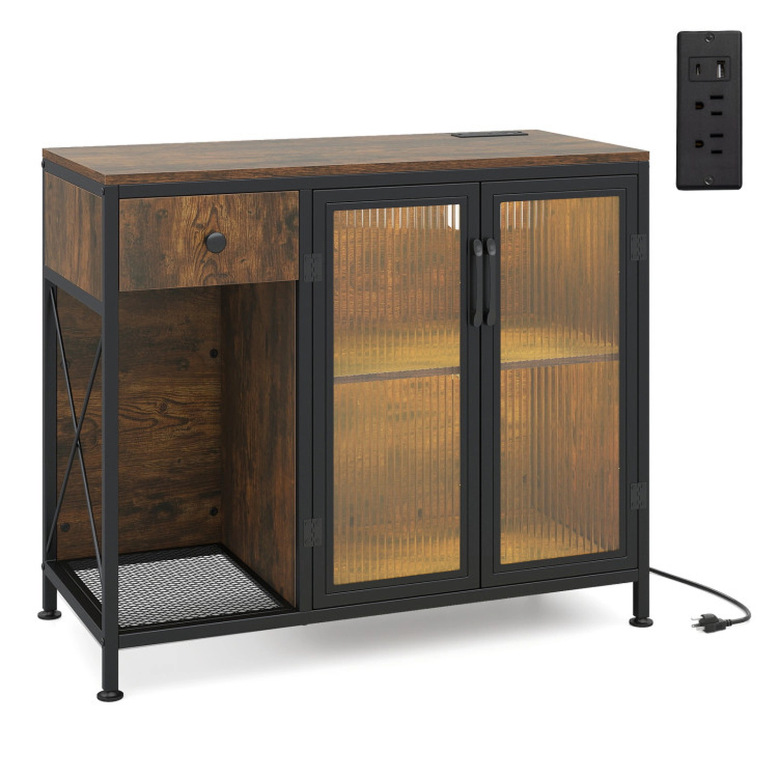 SUGIFT Power Outlets USB LED Light Glass Doors Buffet Sideboard 34-in x 16-in x 29-in 110-lb Capacity Rustic Brown