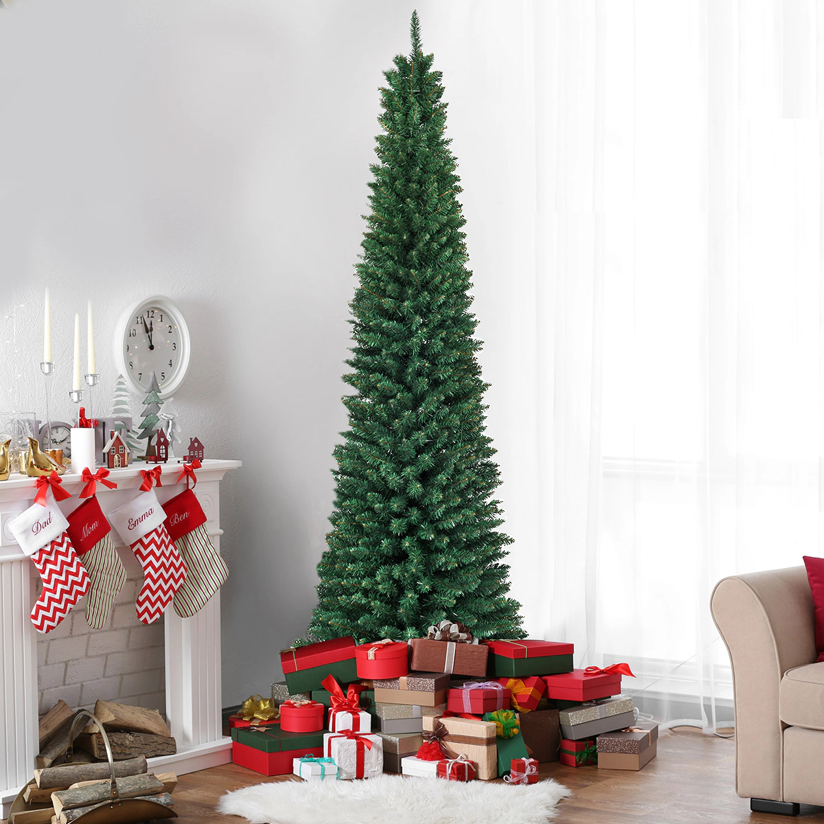 Costway 5/6/7/8/9Ft PVC Artificial Pencil Christmas Tree Slim Stand
