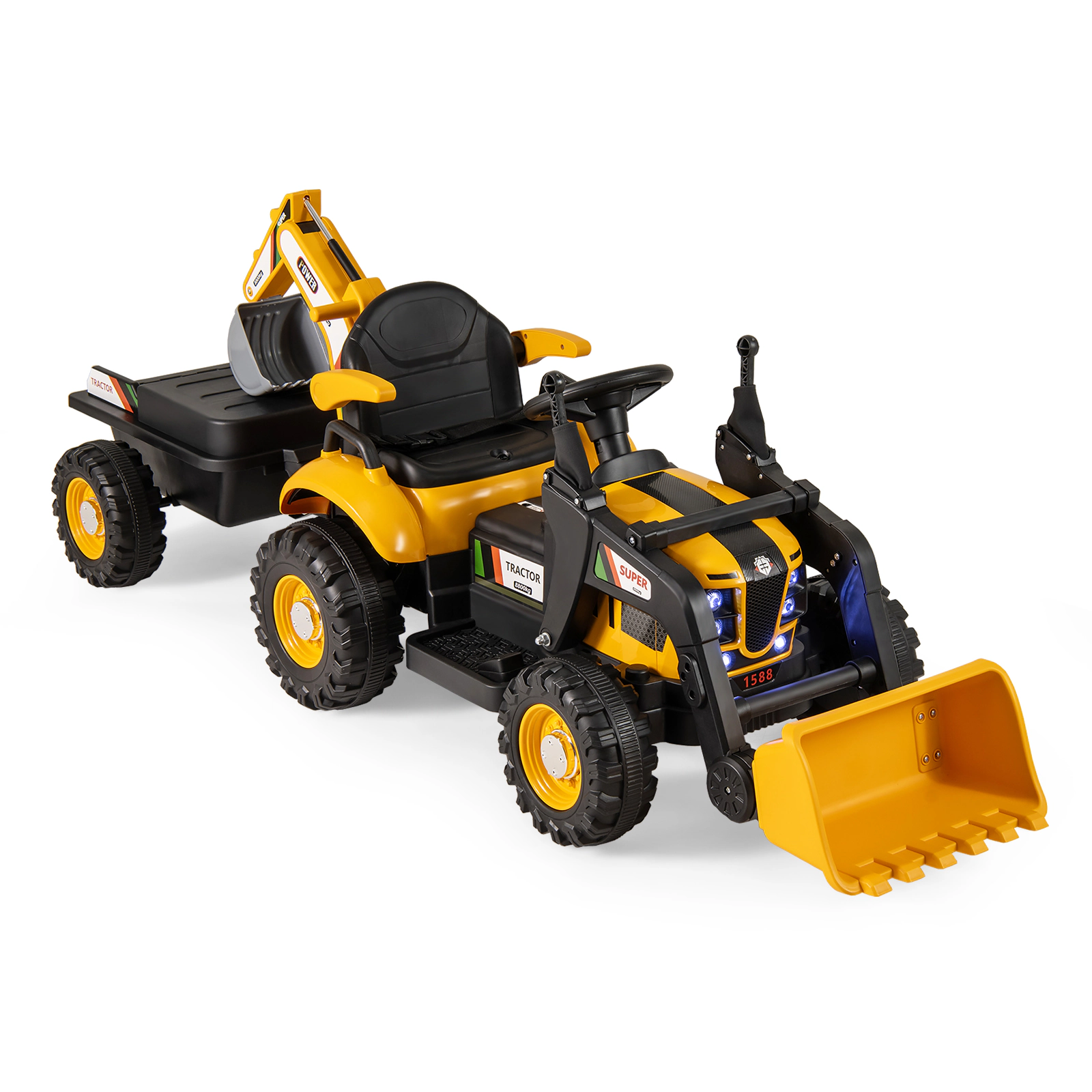 SUGIFT Kids Yellow 4-in-1 12V Ride On Tractor with Bucket Digger and Trailer 73-in W 26-in H 66-lb Rider Capacity