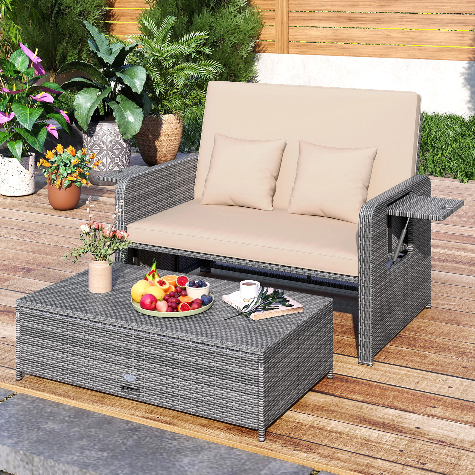 LJG Wicker Loveseat Sofa with Multipurpose Ottoman and Retractable Side Tray