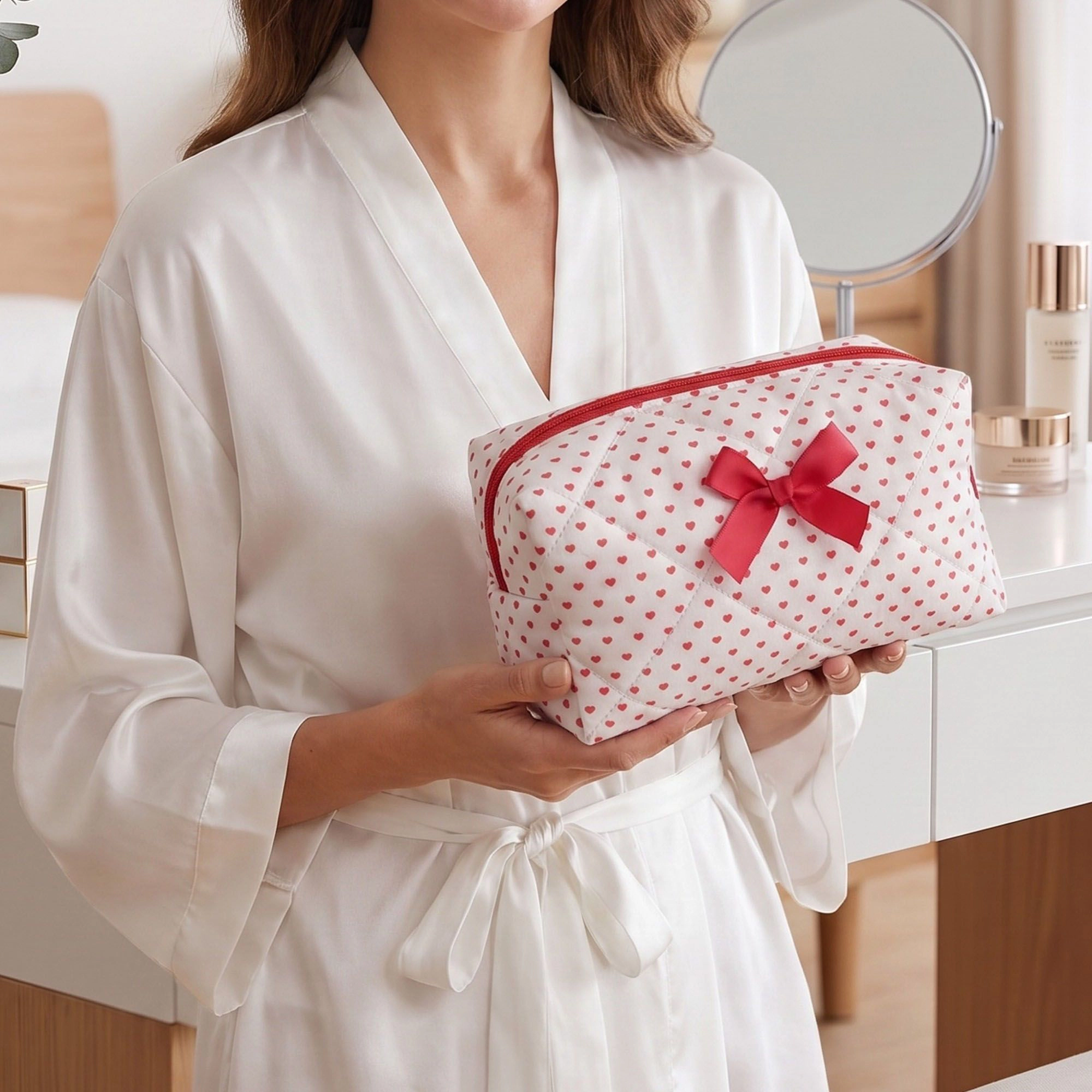 Alilang Unisex Quilted Heart Print Makeup Bag with Bow Cosmetic Pouch