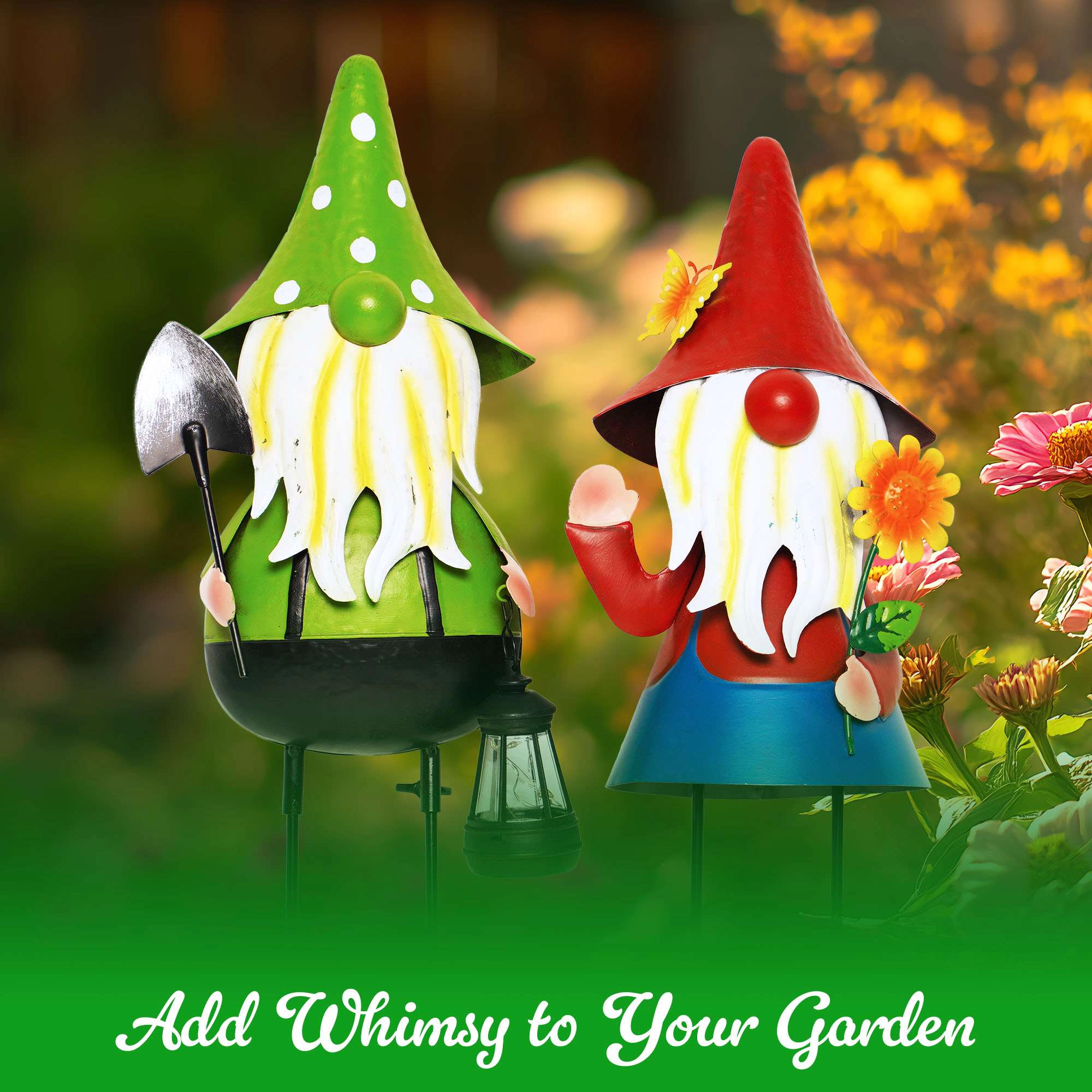 G128 Solar Gnome Garden Statues Set of 2 - 18.75in Metal Gnomes with Solar LED Lanterns for Garden, Lawn, Patio