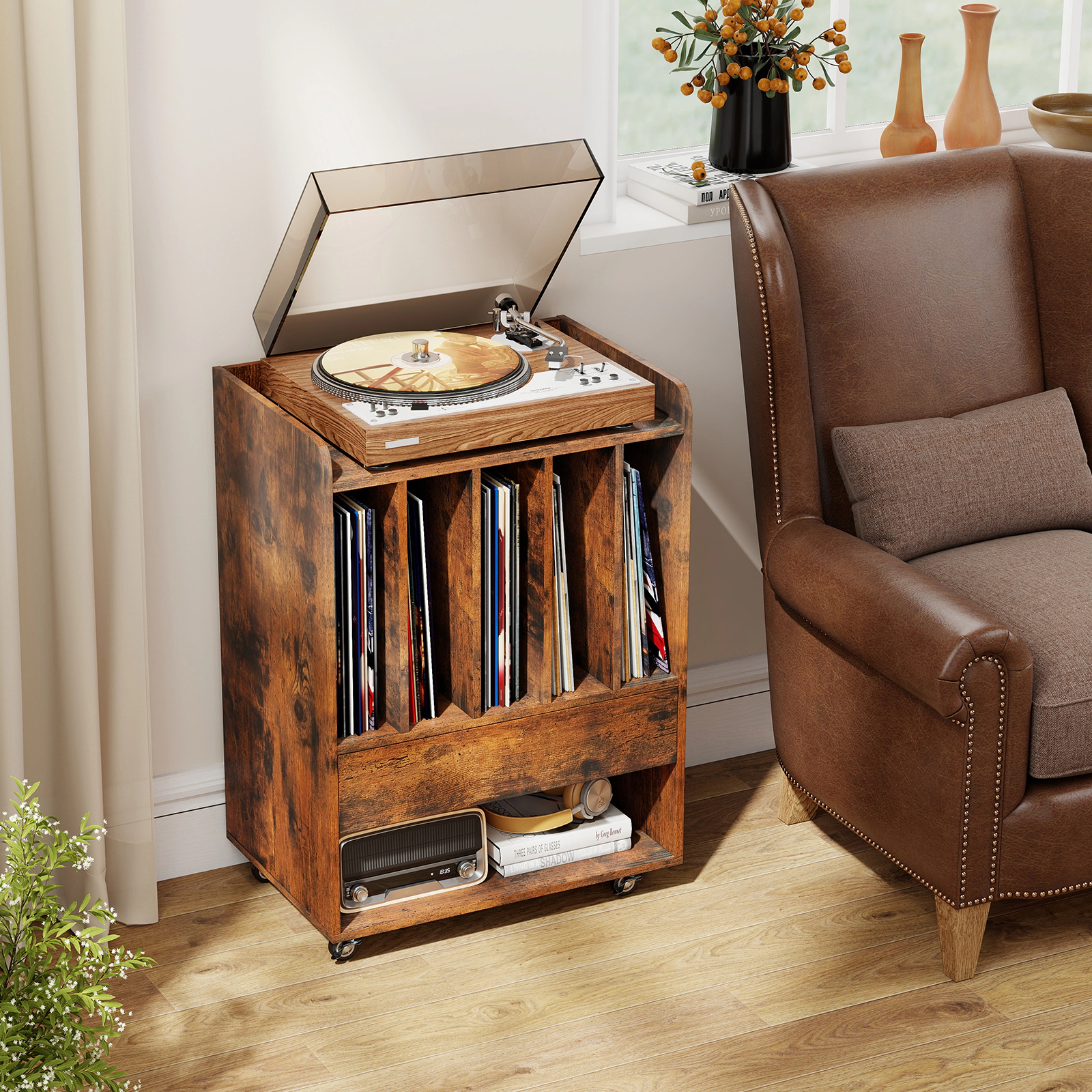 SUGIFT Record Player Stand Turntable Accent Cabinet with Drawer and Record Holder 66-lb Tabletop Capacity Brown