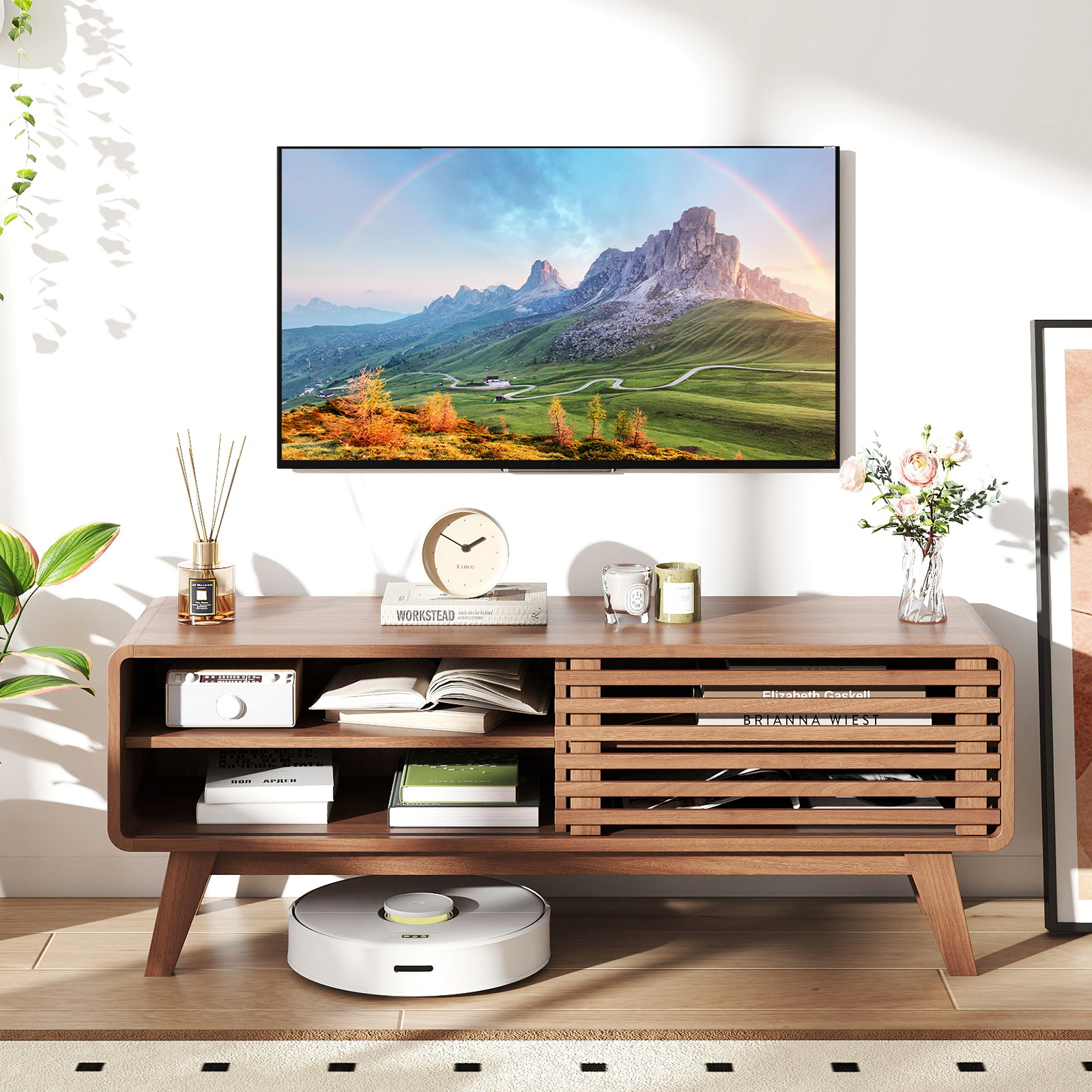 SUGIFT Sliding Door TV Stand for TVs up to 55 in with Adjustable Shelves 220-lb Top Capacity Walnut