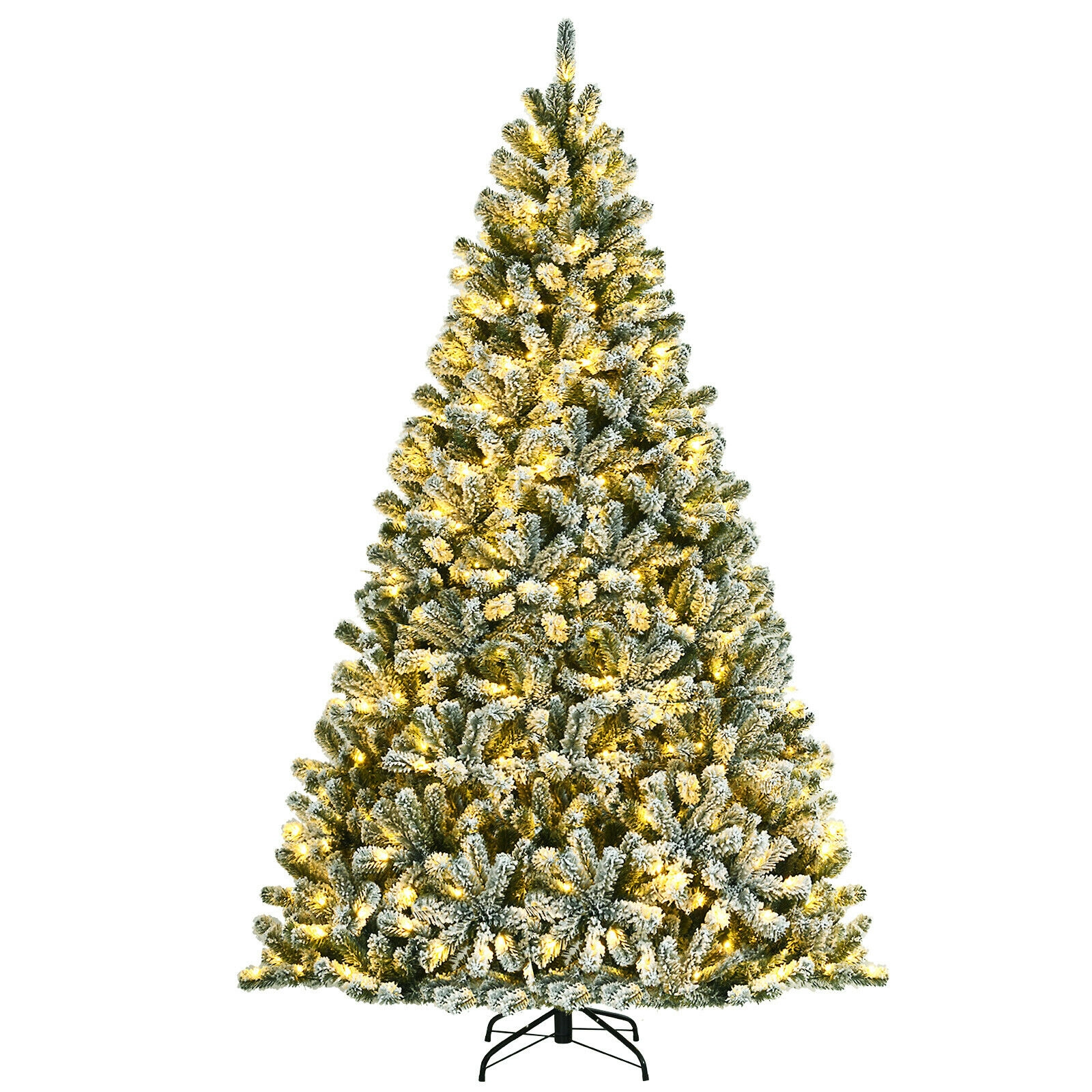 SUGIFT Snow Flocked 8-ft Pre-lit Christmas Tree with 928 Tips 650 LED Lights and Folding Metal Stand Green