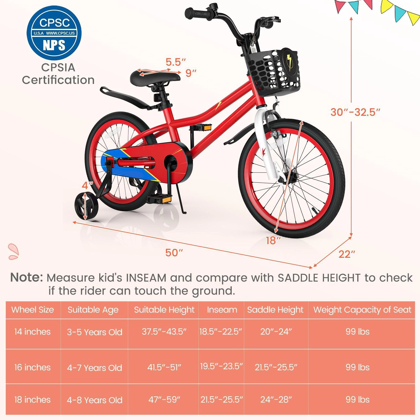 SUGIFT 18-in 99-lb Capacity Red Kids Bike with Removable Training Wheels Chain Guard and Storage Basket