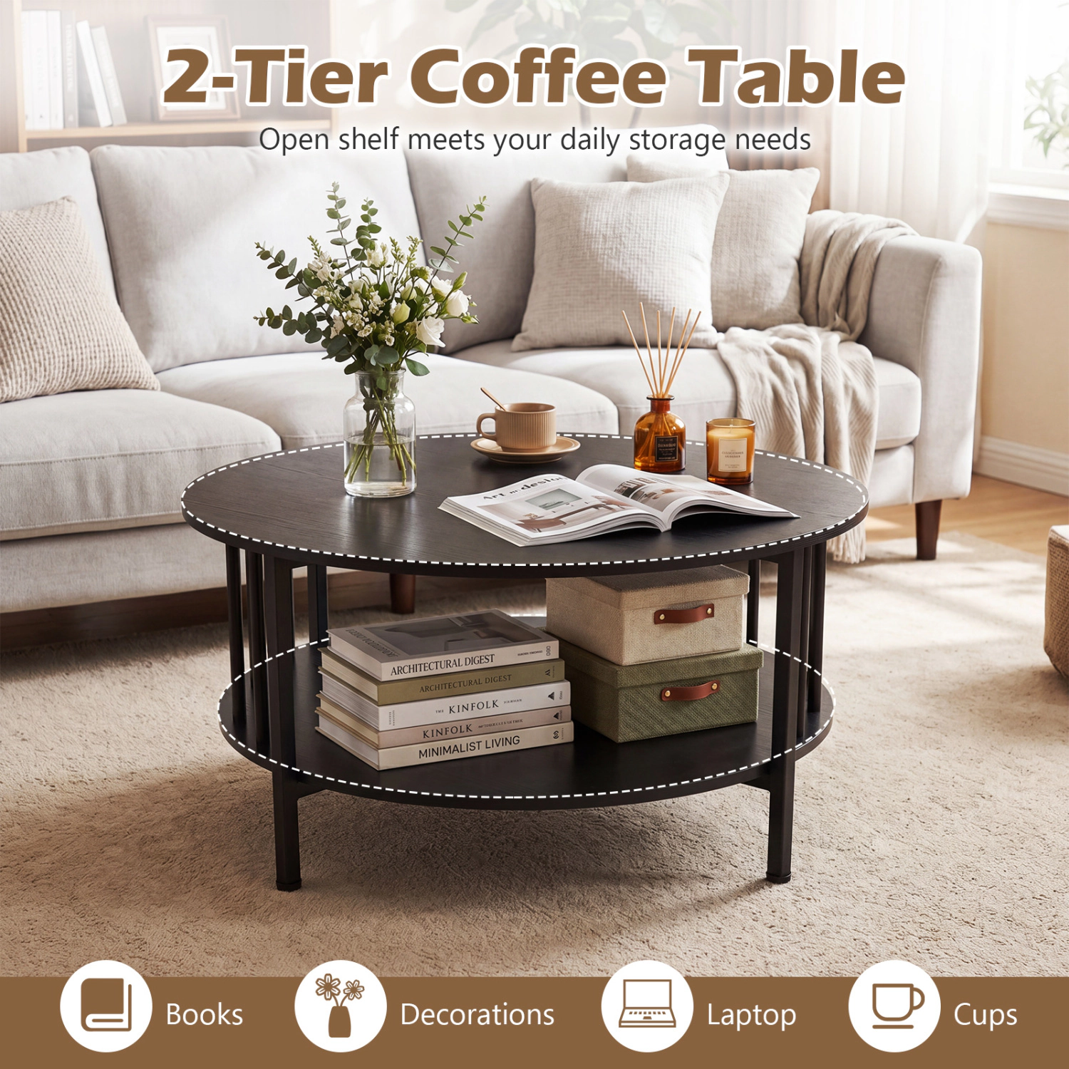Glintex 2-Tier 32.5-Inch Round Coffee Table with Picket Metal Shelf Rails