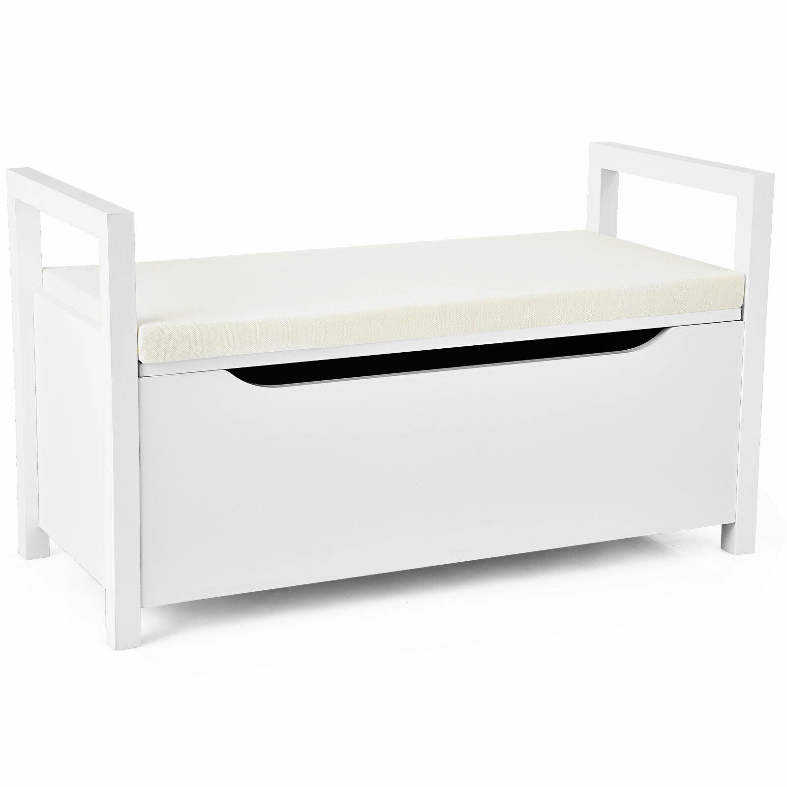 SUGIFT White Removable Cushion Seat and Hinged Lid 34.5 Inch Shoe Storage Bench
