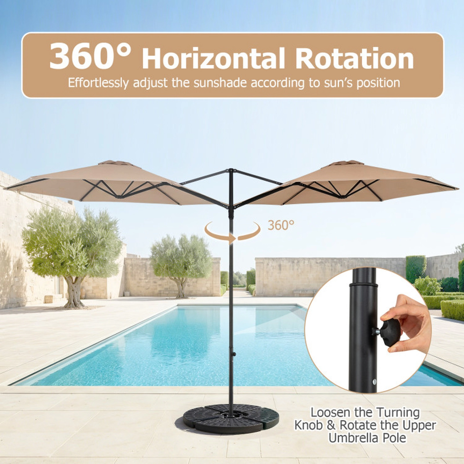 SUGIFT 10-ft Tan Offset Cantilever Patio Umbrella with 360-Degree Rotation Twist-In Pole and Vented Top