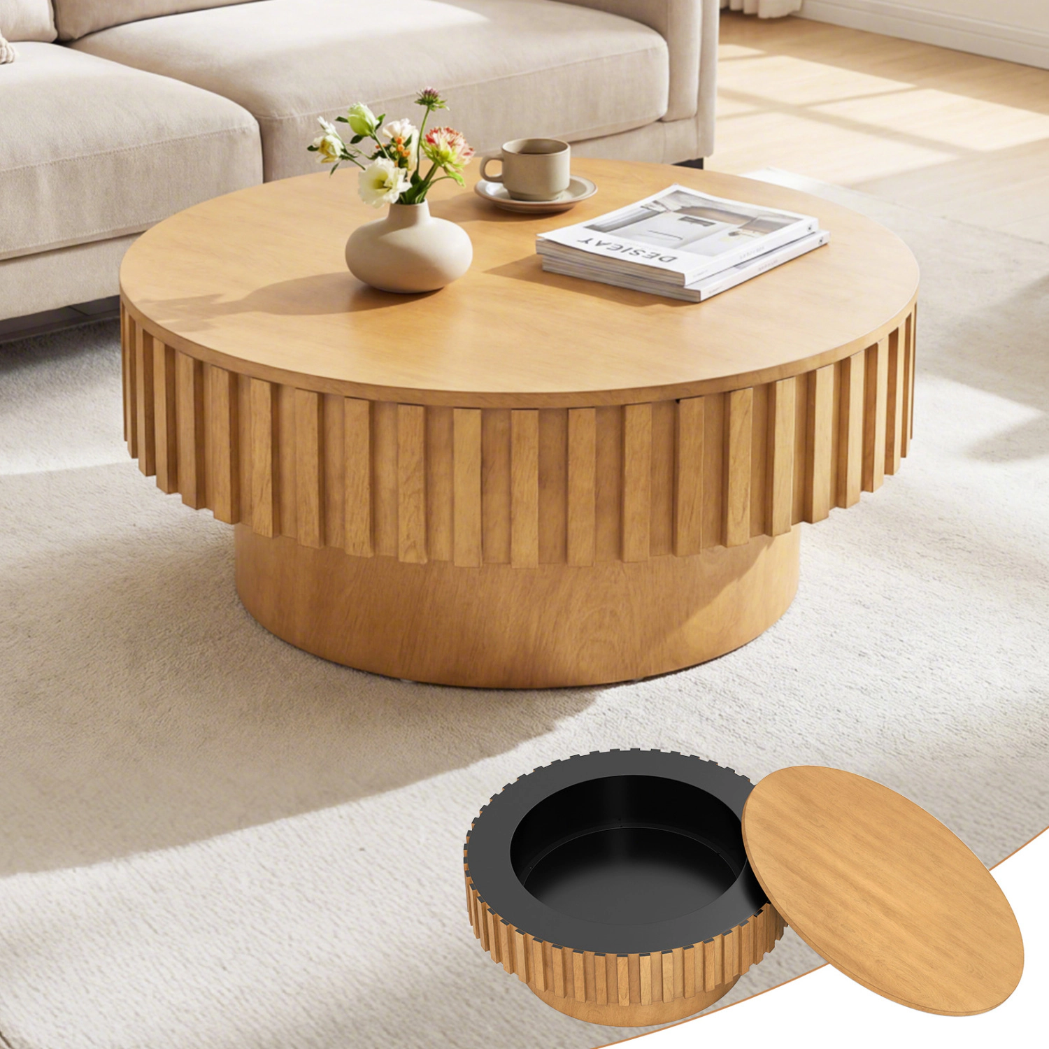 Glintex 31-Inch Round Drum Coffee Table with Fluted Pedestal and Storage