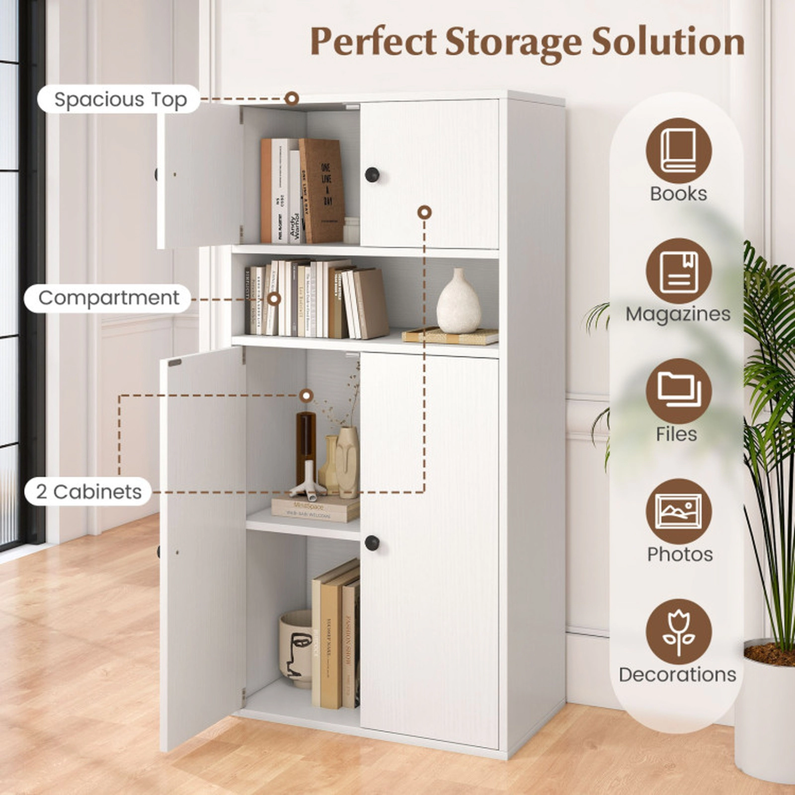SUGIFT 44-in Tall Engineered Wood Bookshelf with Doors and Adjustable Shelf 44-lb Tier Capacity White 2-Piece