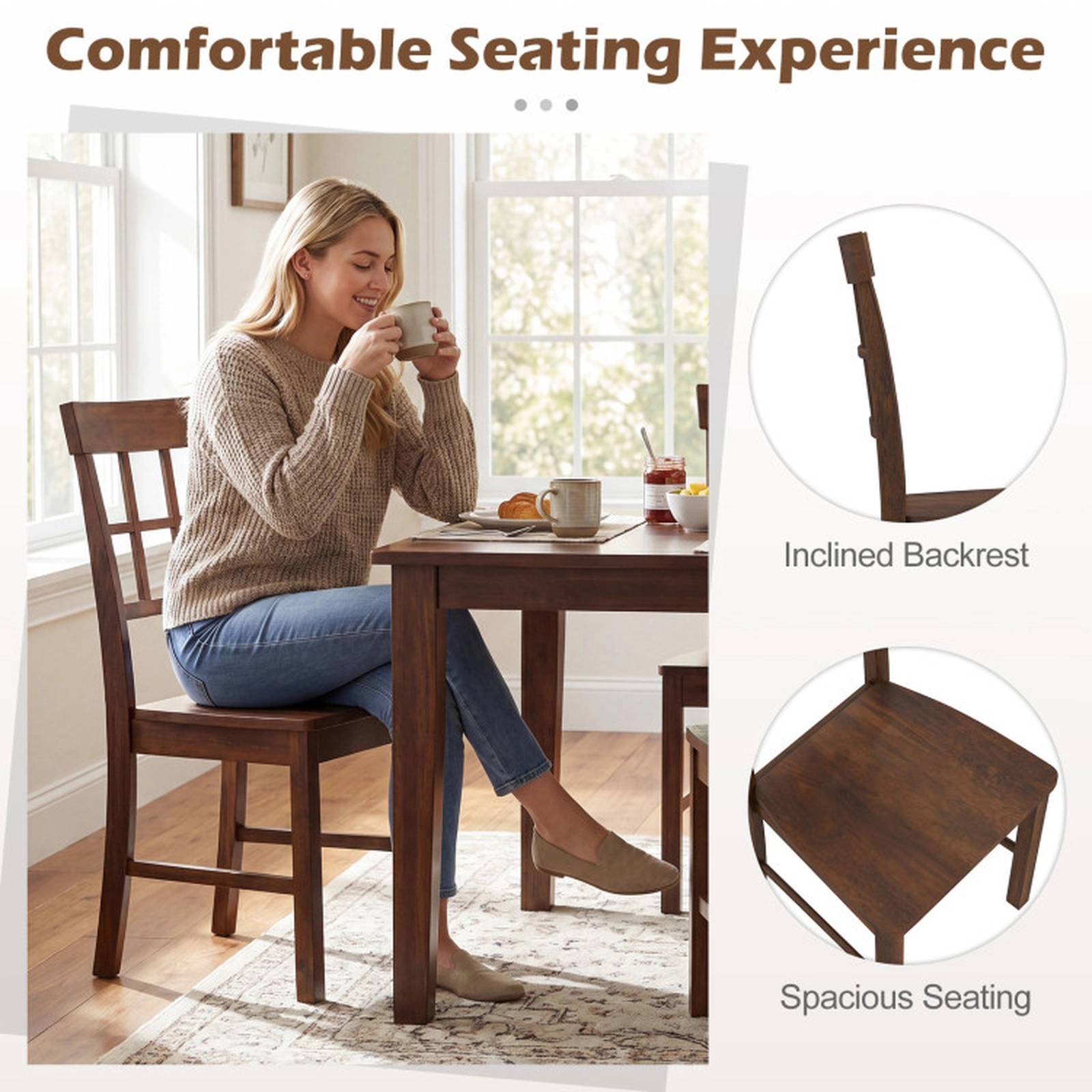 SUGIFT Set of 2 Dark Brown Solid Rubber Wood Lattice Back Dining Chairs