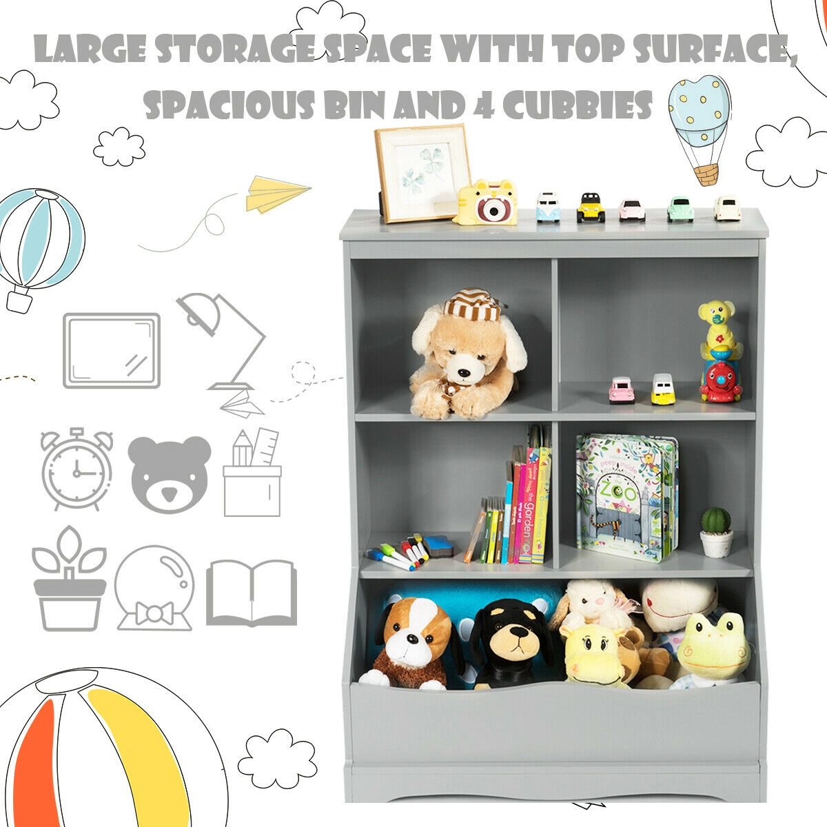 SUGIFT Kids 3-Tier 4 Compartments Storage Bin Anti-Tip Wooden Bookcase 26.5-in x 16-in x 34.5-in 66-lb Top Gray