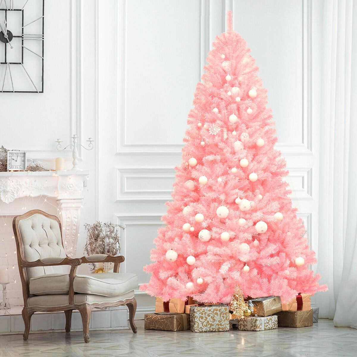 SUGIFT 7.5-ft Pink Cherry Blossom Artificial Christmas Tree Hinged Full Fir with 1258 Tips and Metal Stand