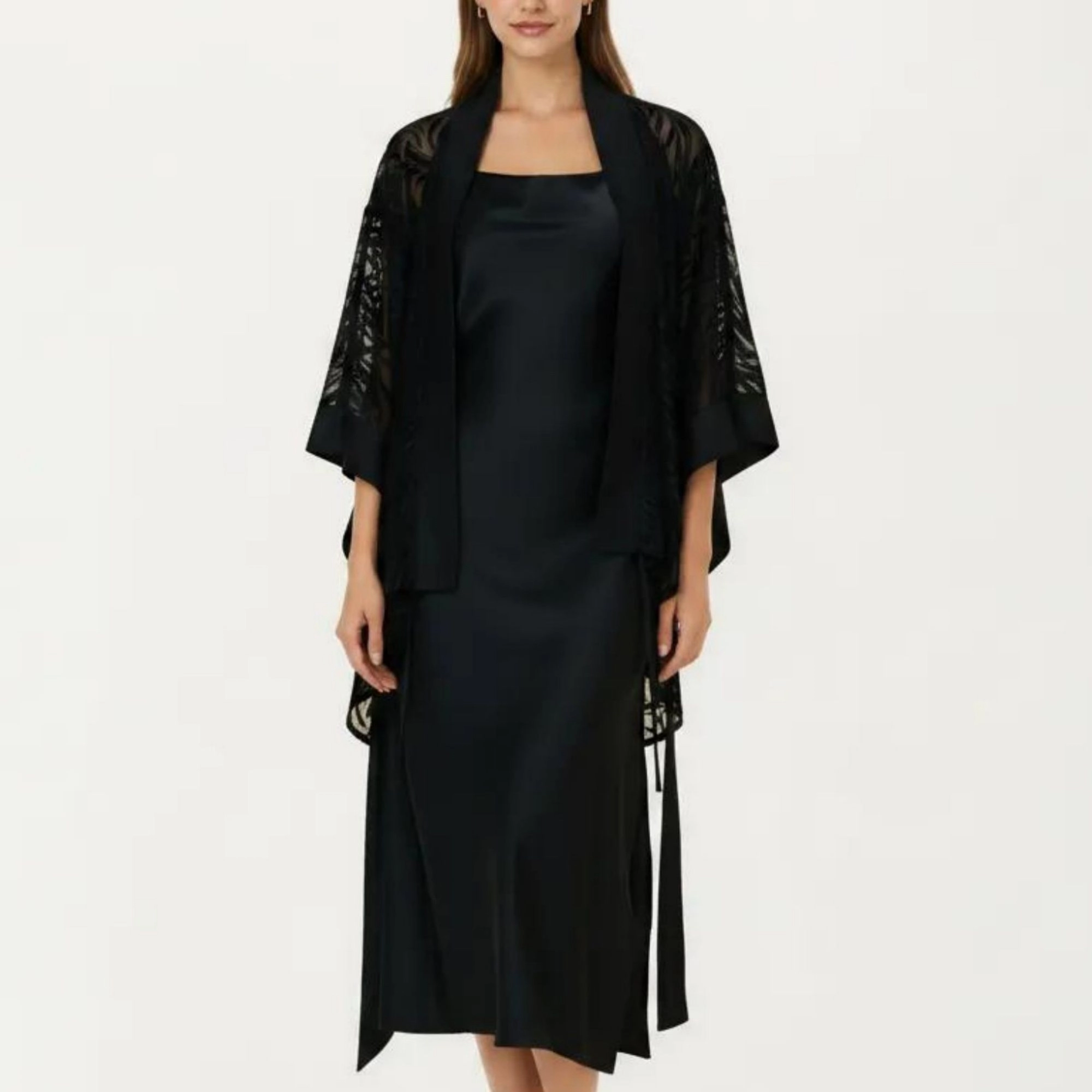 Anna-Kaci Women's 2-Piece Smooth Sleepwear Slip Dress with Sheer Lace Robe Lightweight Long Nightgown Set