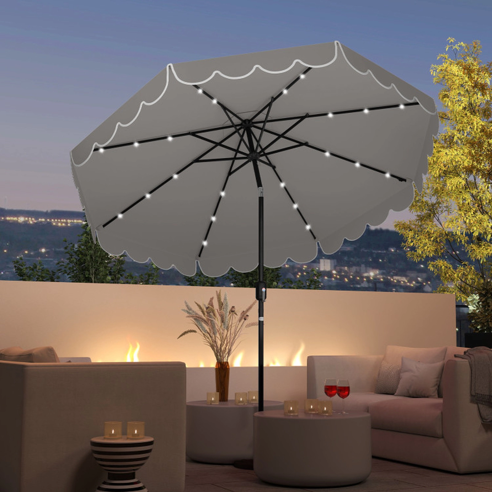 SUGIFT Gray Solar Patio Umbrella with Ruffled Edges Vented Top and 24 LED Lights 9.3-ft Dia 8.2-ft H