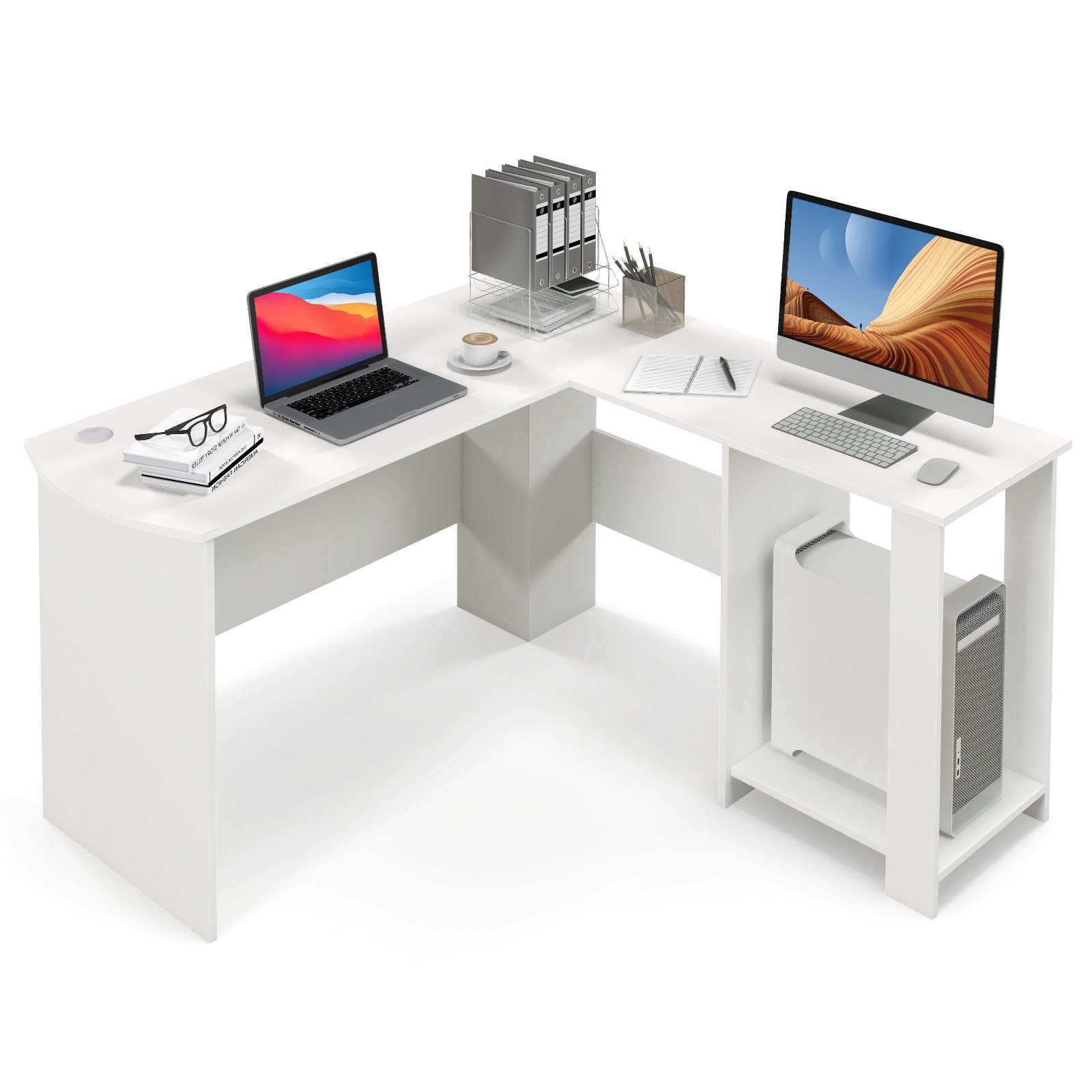 SUGIFT L-Shaped Computer Desk 330-lb Tabletop and 45-lb Shelf Capacity with 2 Cable Holes and 2 Storage Shelves White