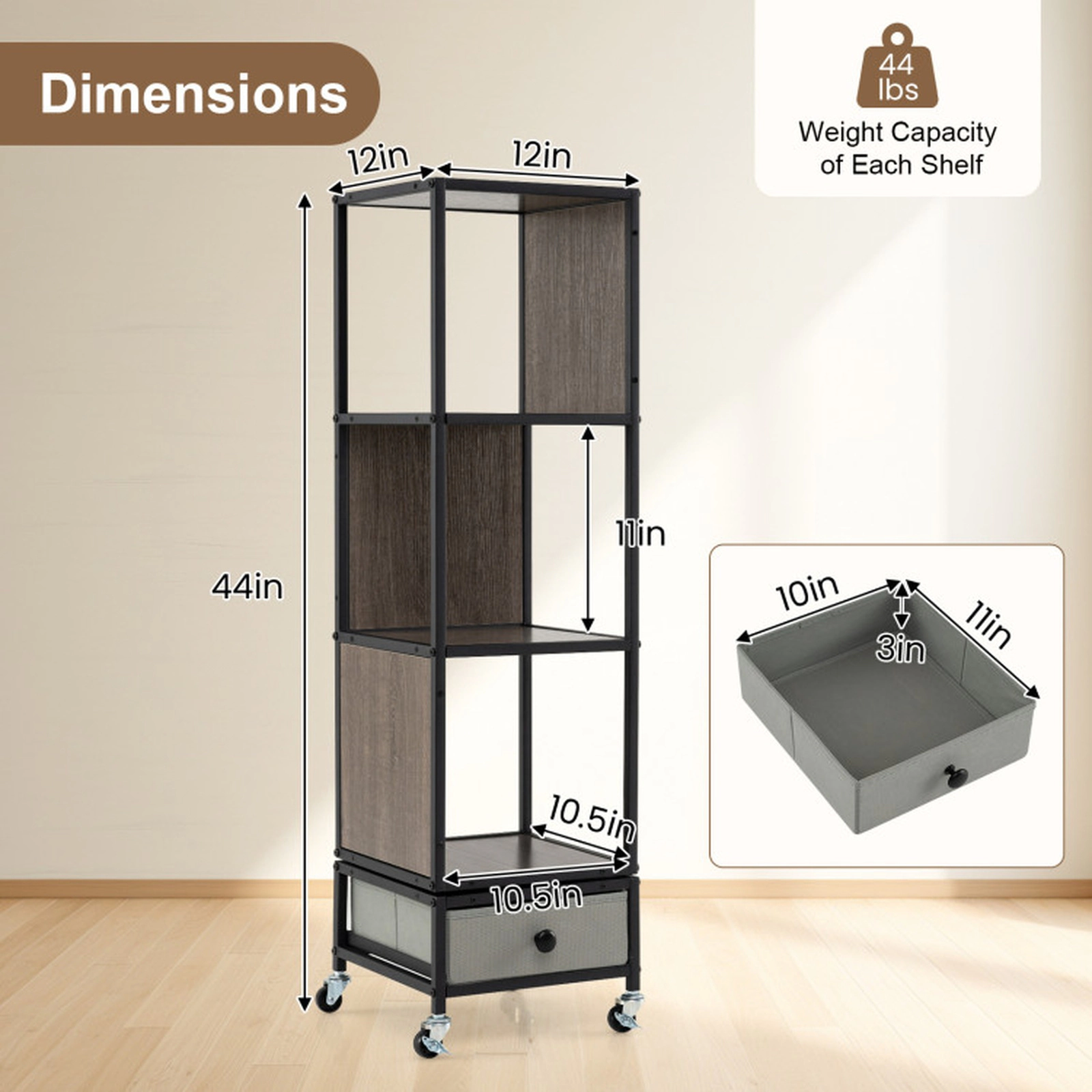 SUGIFT 4-Tier Rotating Bookshelf on Wheels with Removable Drawer 44-lb Shelf Capacity Gray Black White