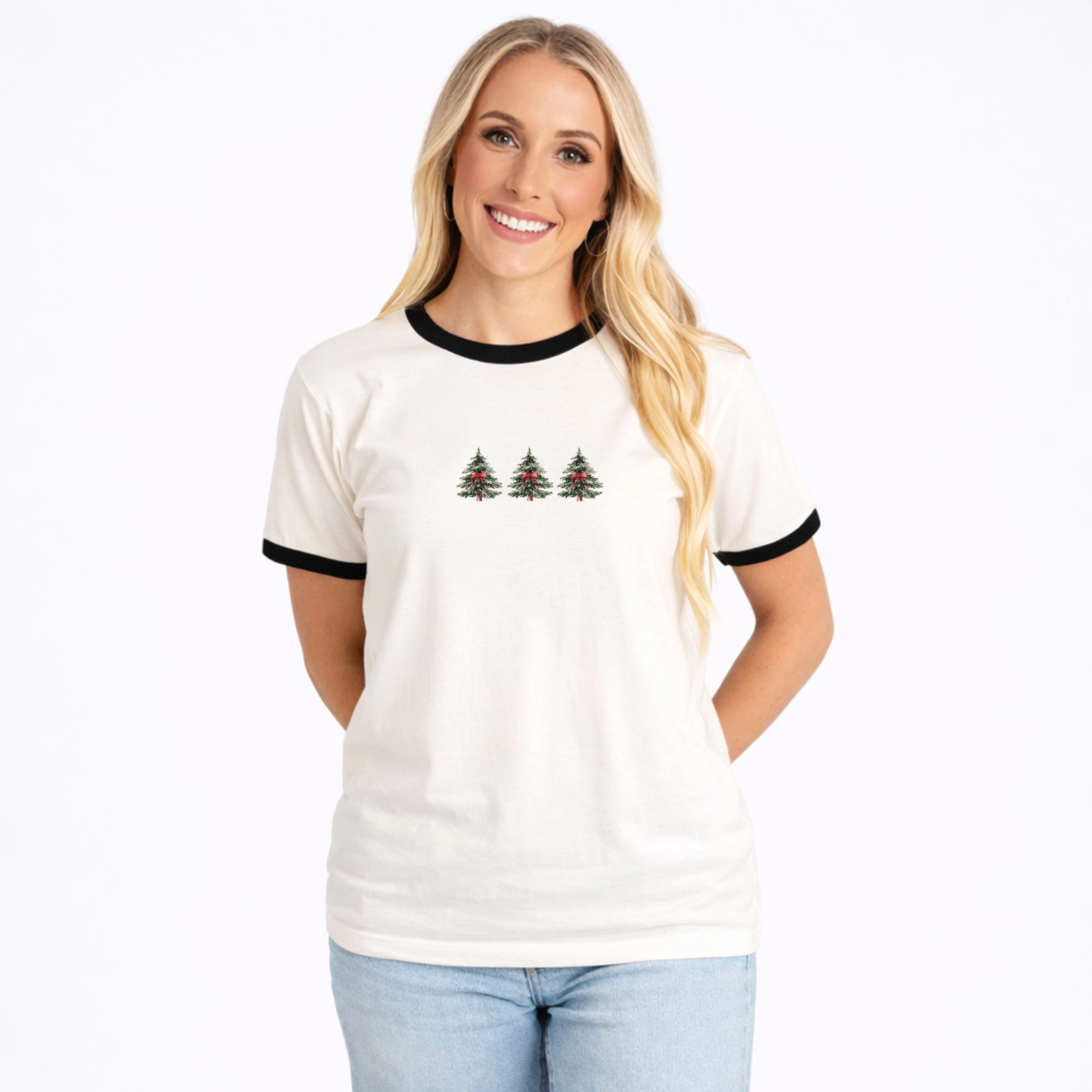 Simply Sage Market - Women's Ringer Graphic T-Shirt Coquette Christmas Trees