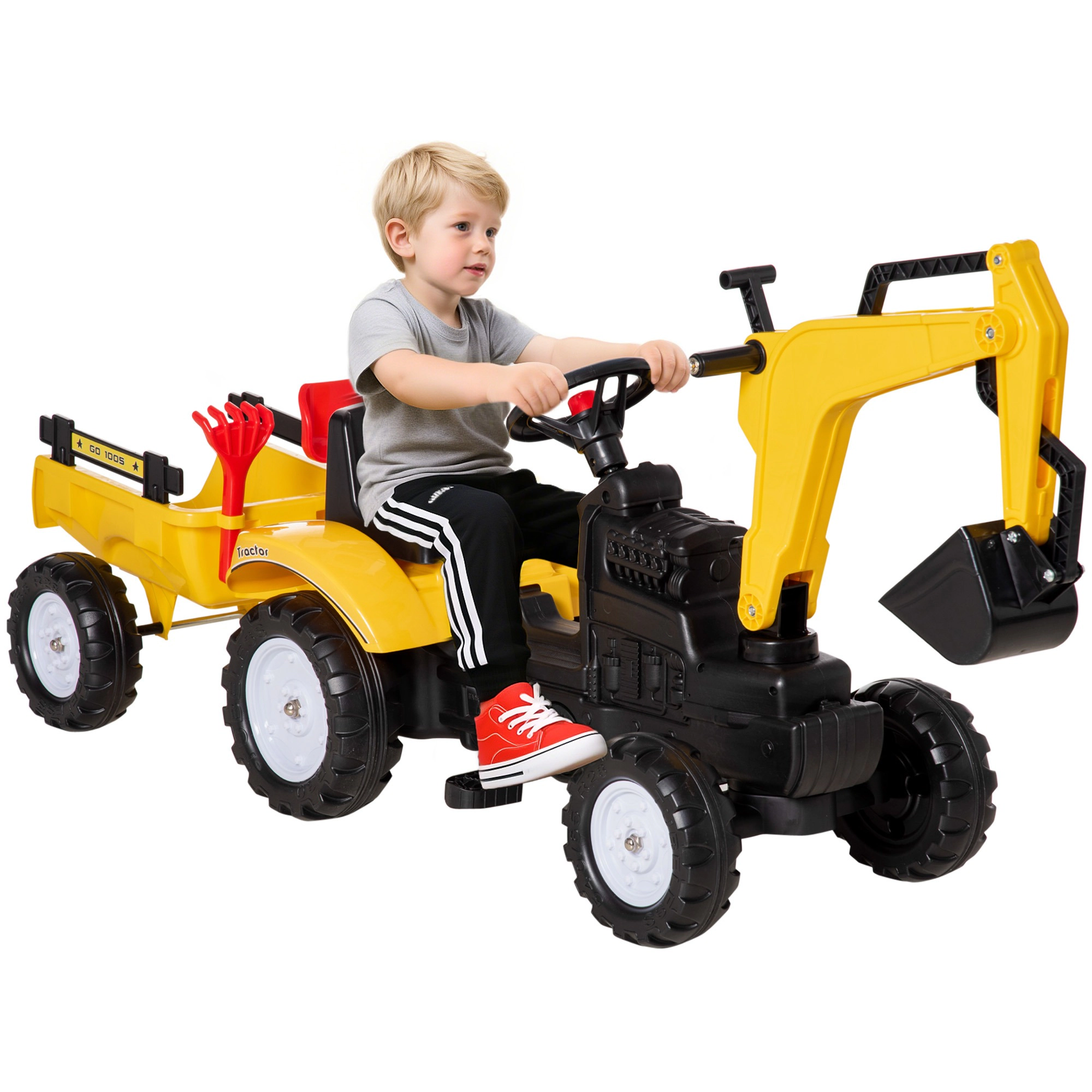 HONGGE Yellow Pedal Ride-On Excavator Digger Truck for Kids with Detachable Trailer, Ages 3-6, Holds up to 77 lbs