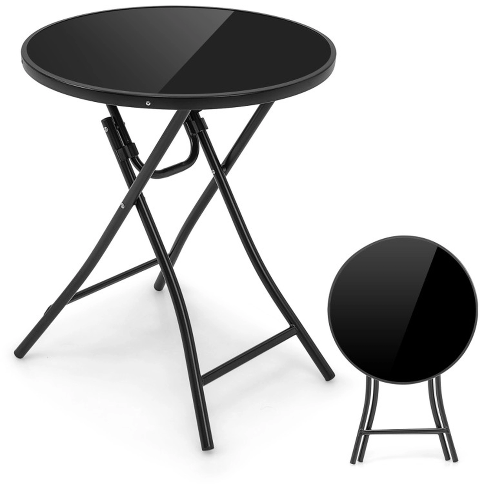 SUGIFT Folding Tempered Glass Top Round Bistro Table 23-in Dia x 26.5-in H 110-lb Capacity 13.5-lb Net Weight Black