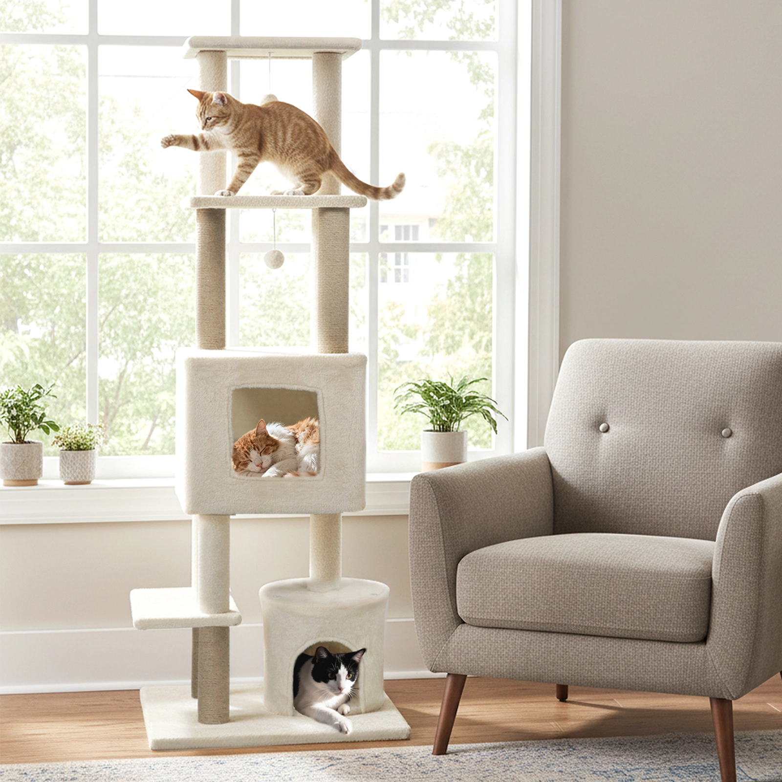 SUGIFT 64-in Tall Cat Tree with 2 Large Condos, 24 x 24-in Base and Jute Scratching Posts 33-lb Capacity Beige