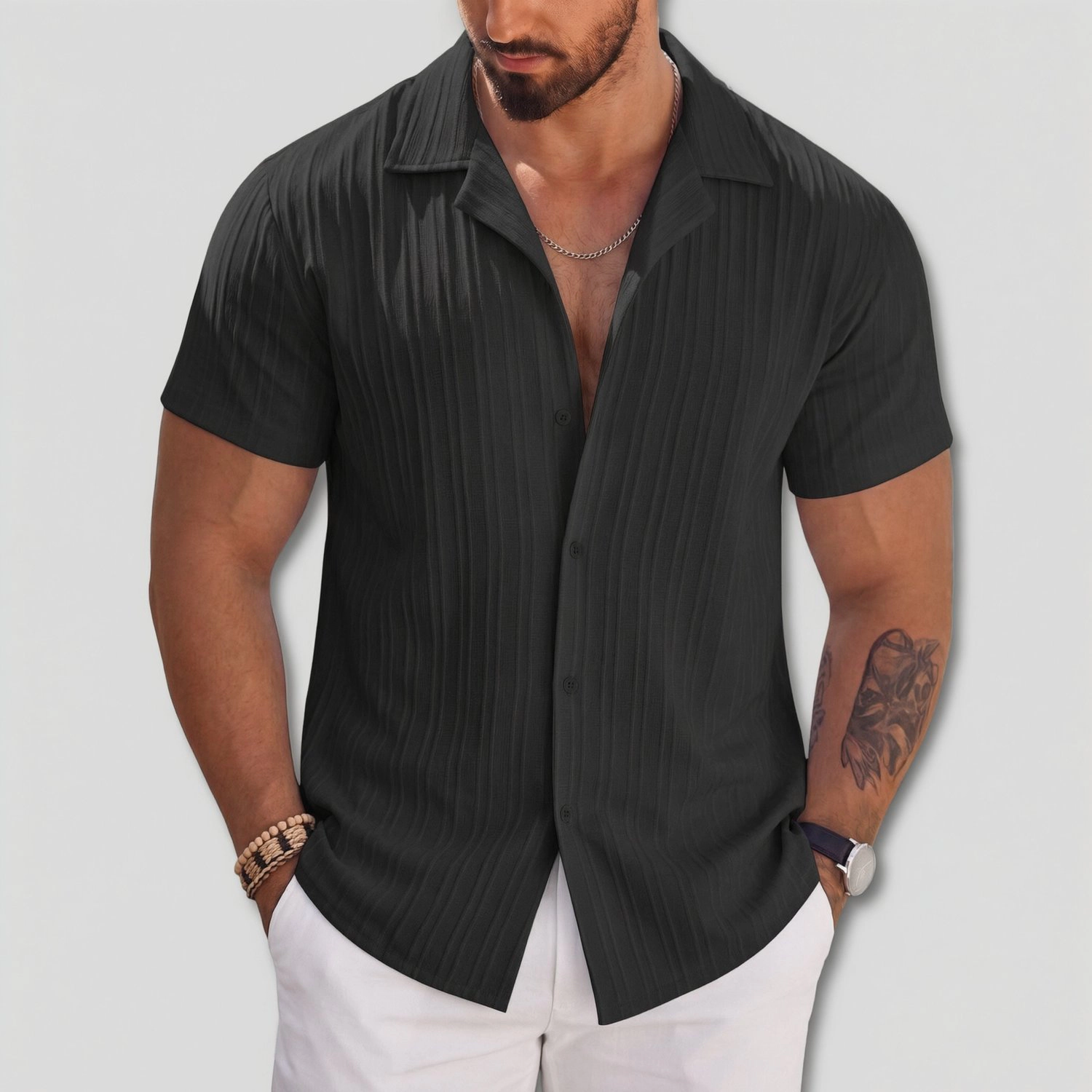 COOFANDY Mens Short Sleeve Button Down Shirts  Lapel Collar Ribbed Casual Tops