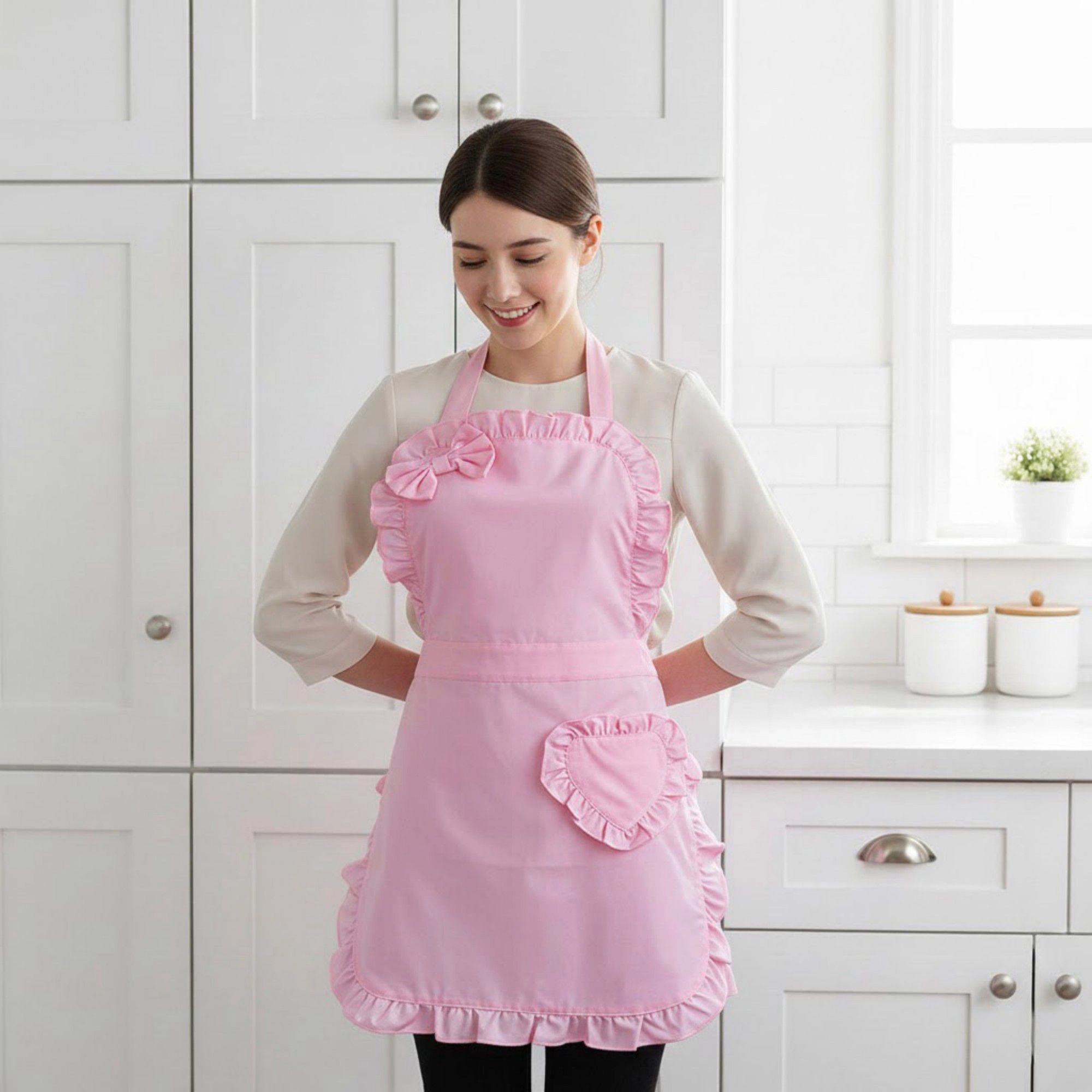 Alilang Unisex Ruffle Trim Valentine Heart Pocket Kitchen Apron with Adjustable Neck and Waist Ties