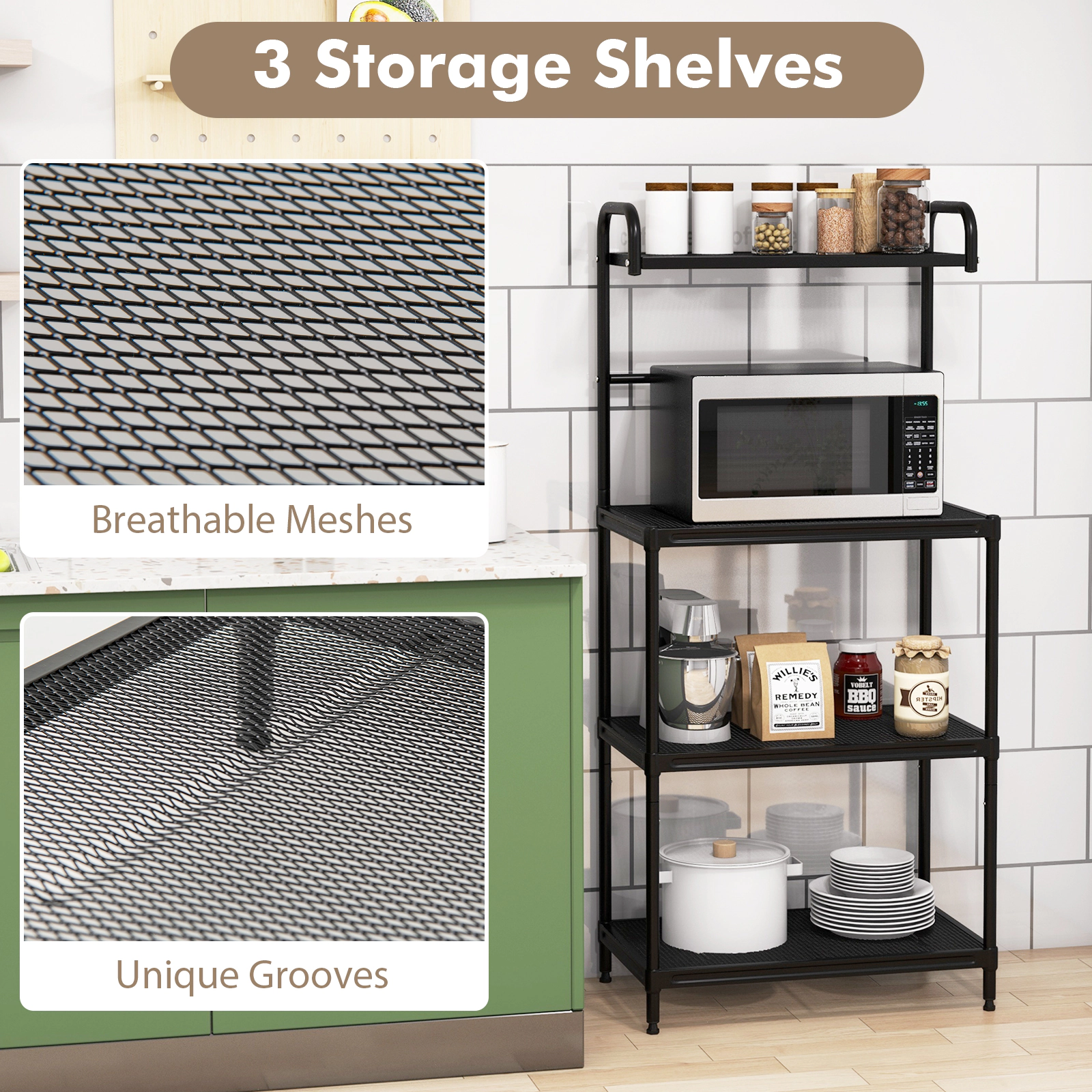 SUGIFT 4-Tier Black 53.5-in Tall Kitchen Microwave Storage Rack Floor Standing Metal Shelf Unit
