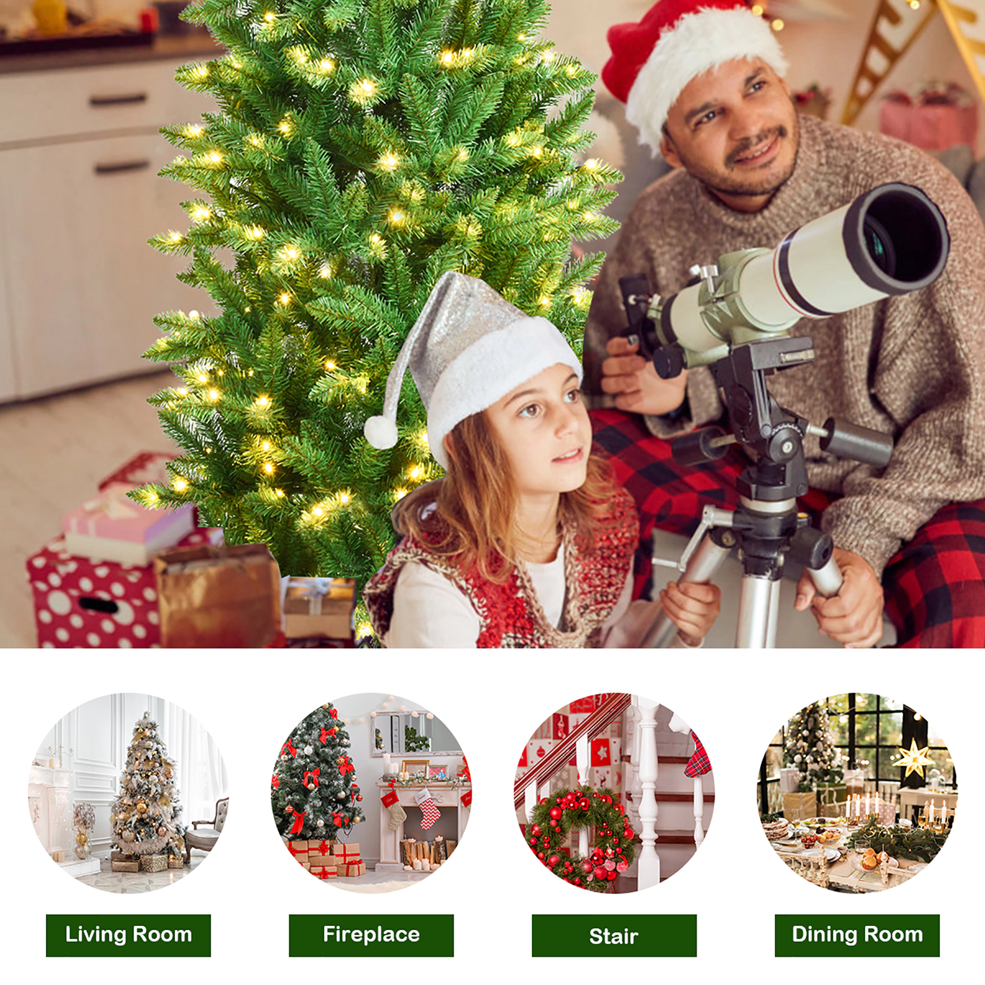 Costway 5/6/7Ft Pre-lit Artificial Pencil Christmas Tree Hinged Fir PVC Tree with 150/250/350 LED Lights