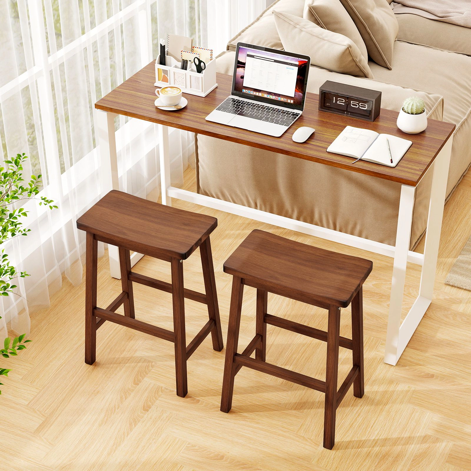 SlickBlue Set of 2 Walnut Saddle Seat Counter Height Bar Stools with Footrest Set