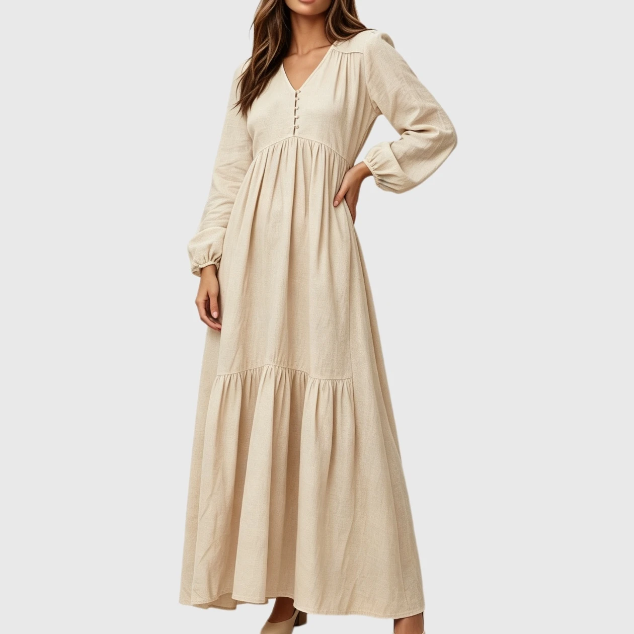 YesFashion Women's V-Neck Long Sleeve Loose Fit Flowy Boho Maxi Dress with Pockets and Buttons