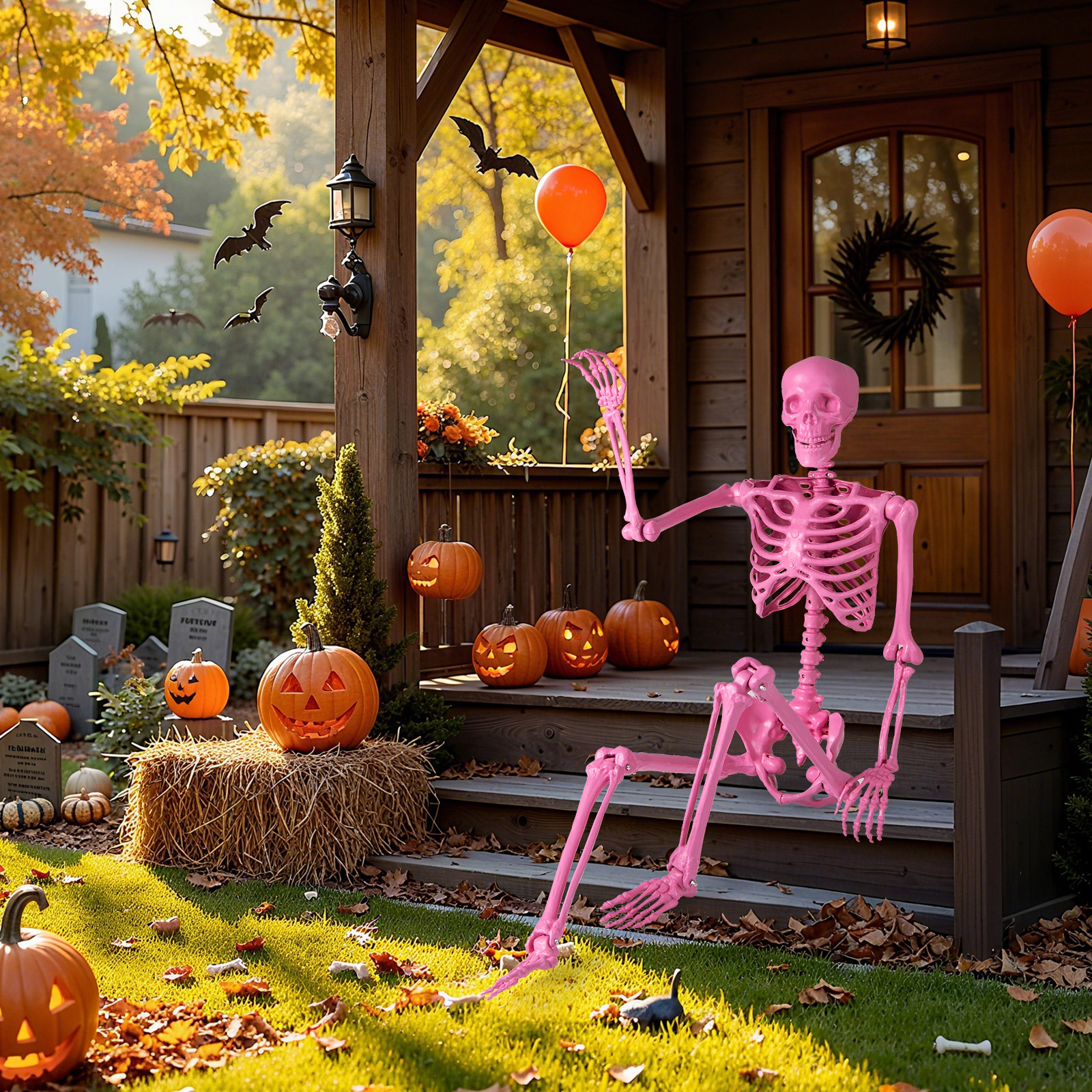 LJG 5.5 FT Life-Size Halloween Poseable Skeleton Pink Movable Joints