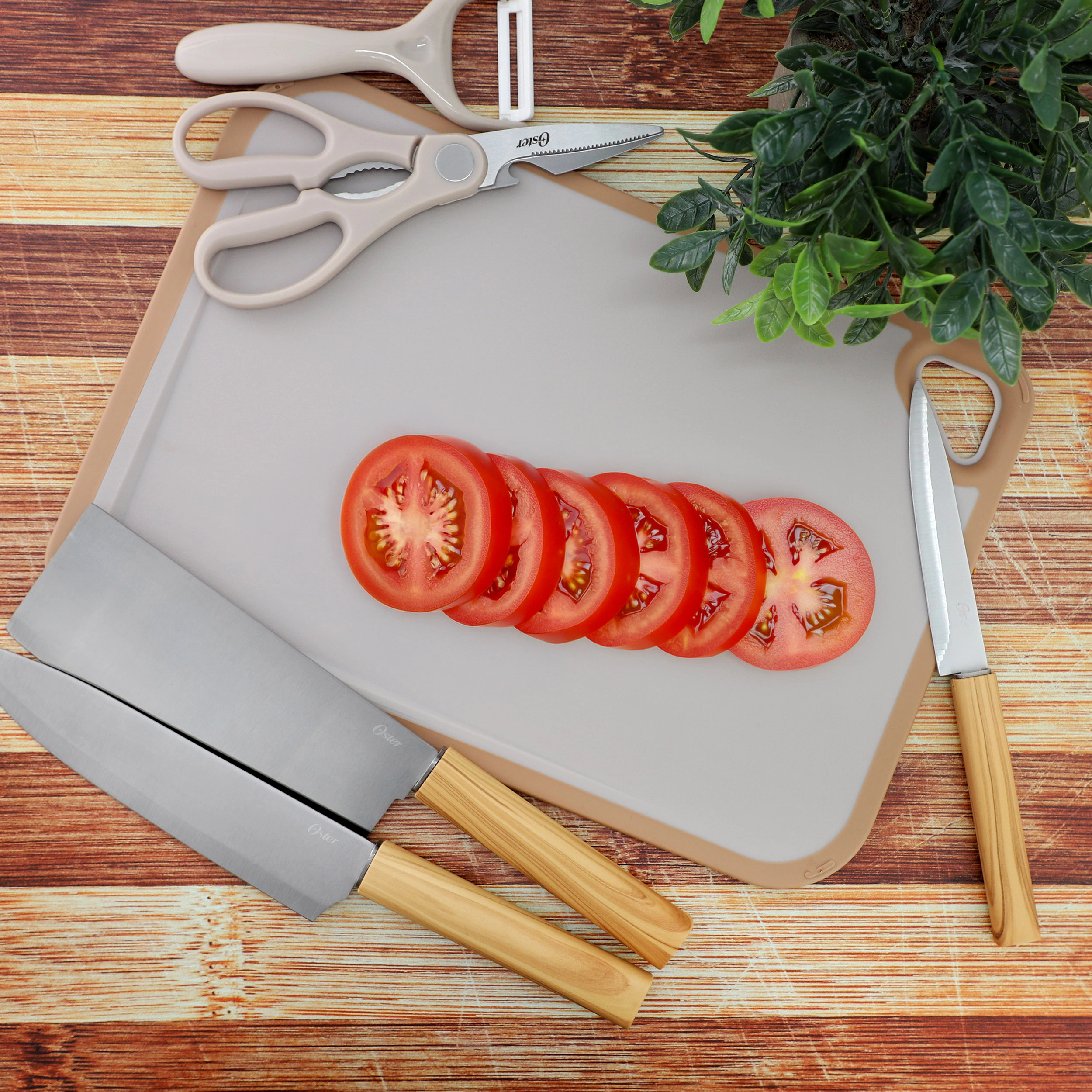 Oster Huntingfield Stainless Steel 6 Piece Cutlery and Cutting Board Set in Brown