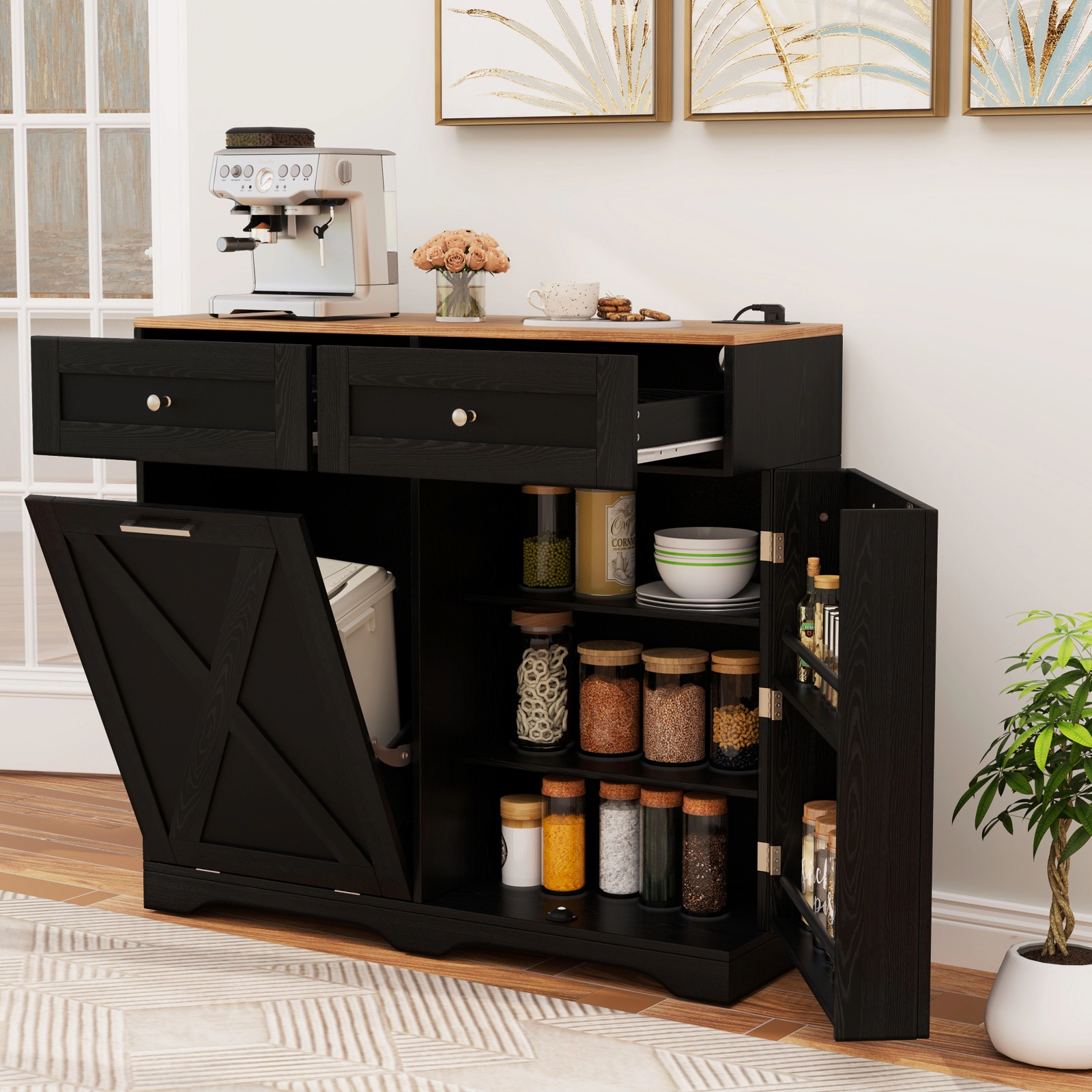 Glintex 39.5-Inch Tilt-Out Trash Cabinet with Power Outlets and Spice Racks