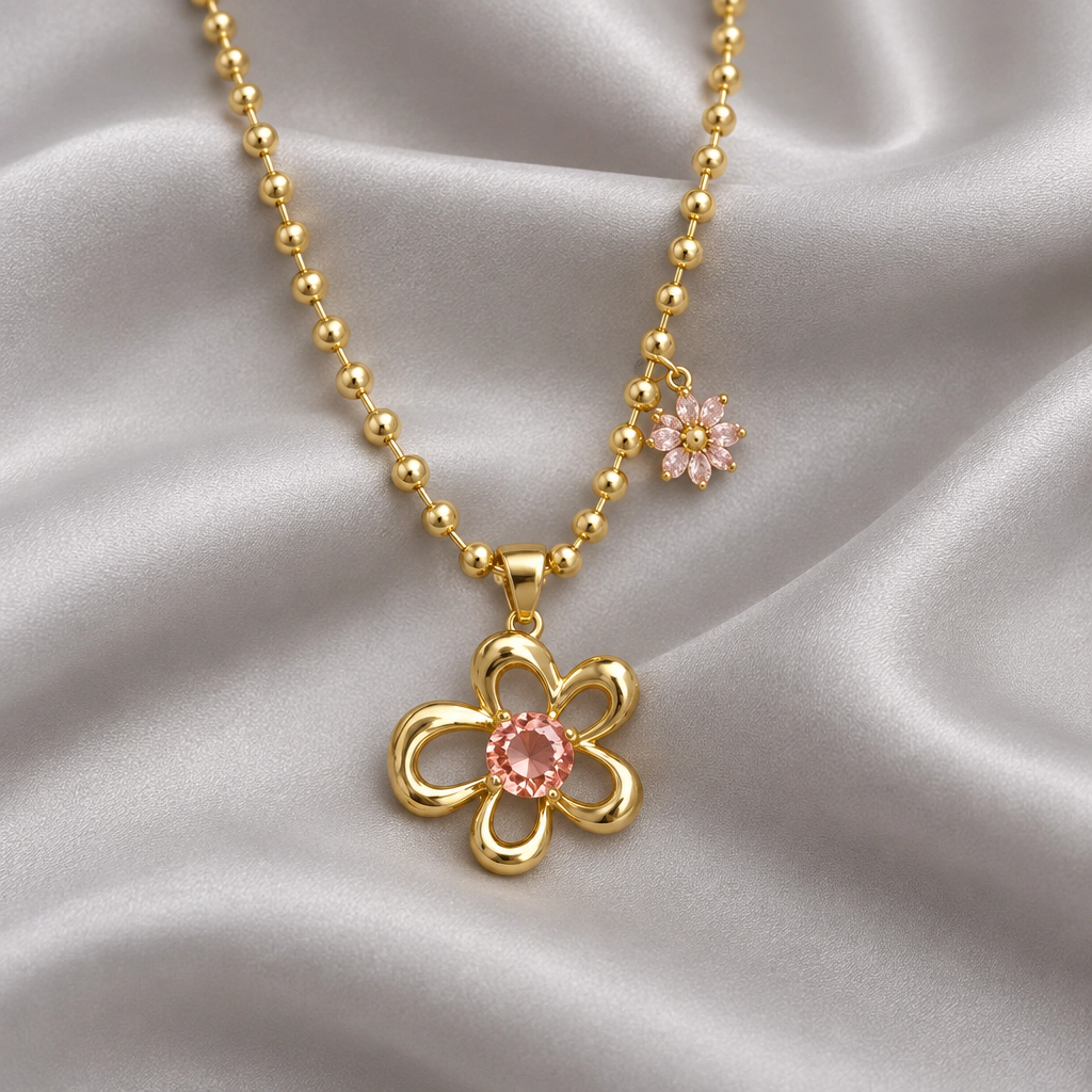 DressAtR Women’s Pink Flower 18K Gold Plated Necklace