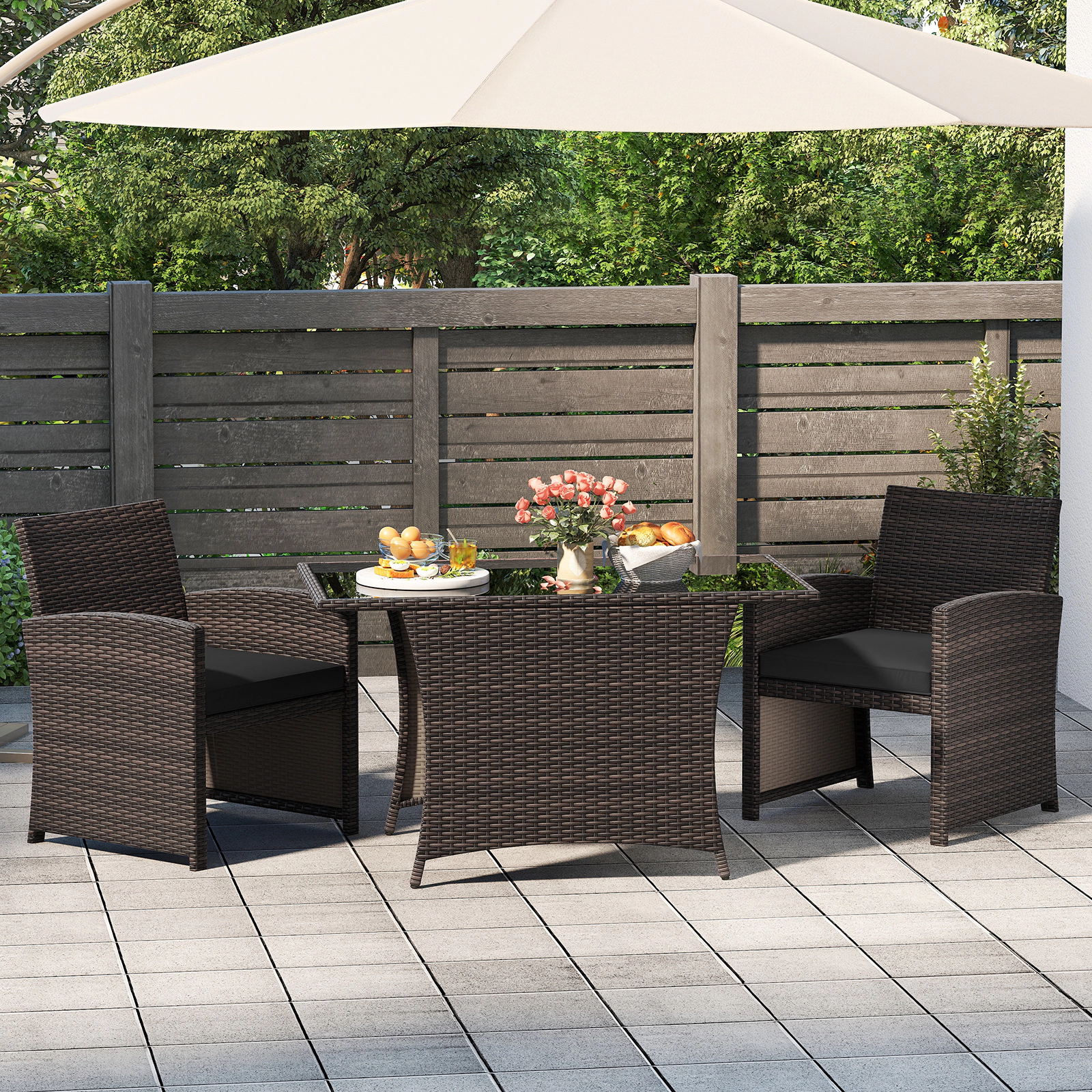 LJG 3 Piece Patio Wicker Dining Set with Rectangle Tempered Glass Table