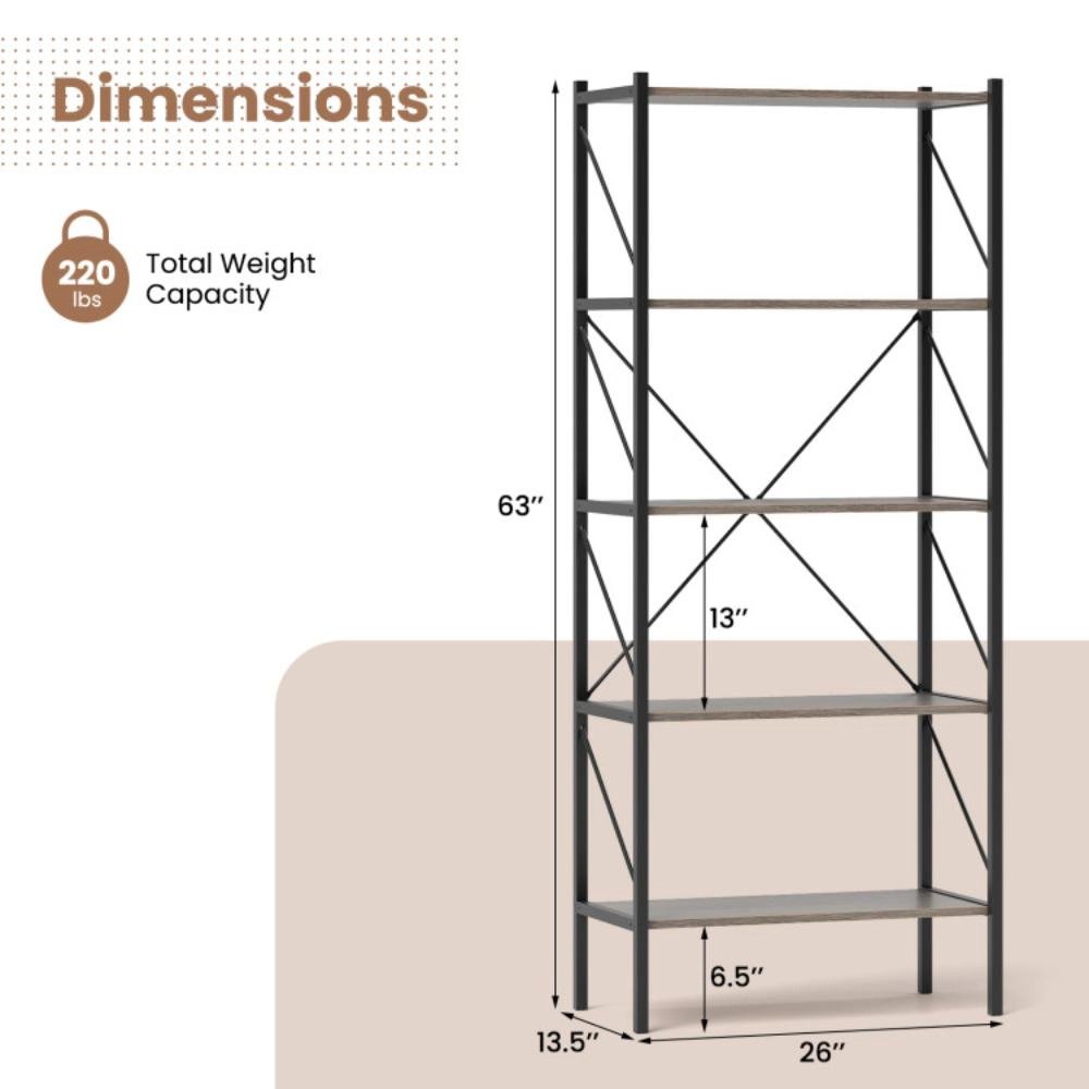 Hivvago 5-Tier Bookshelf with Open Shelves and Heavy Duty Metal Frame